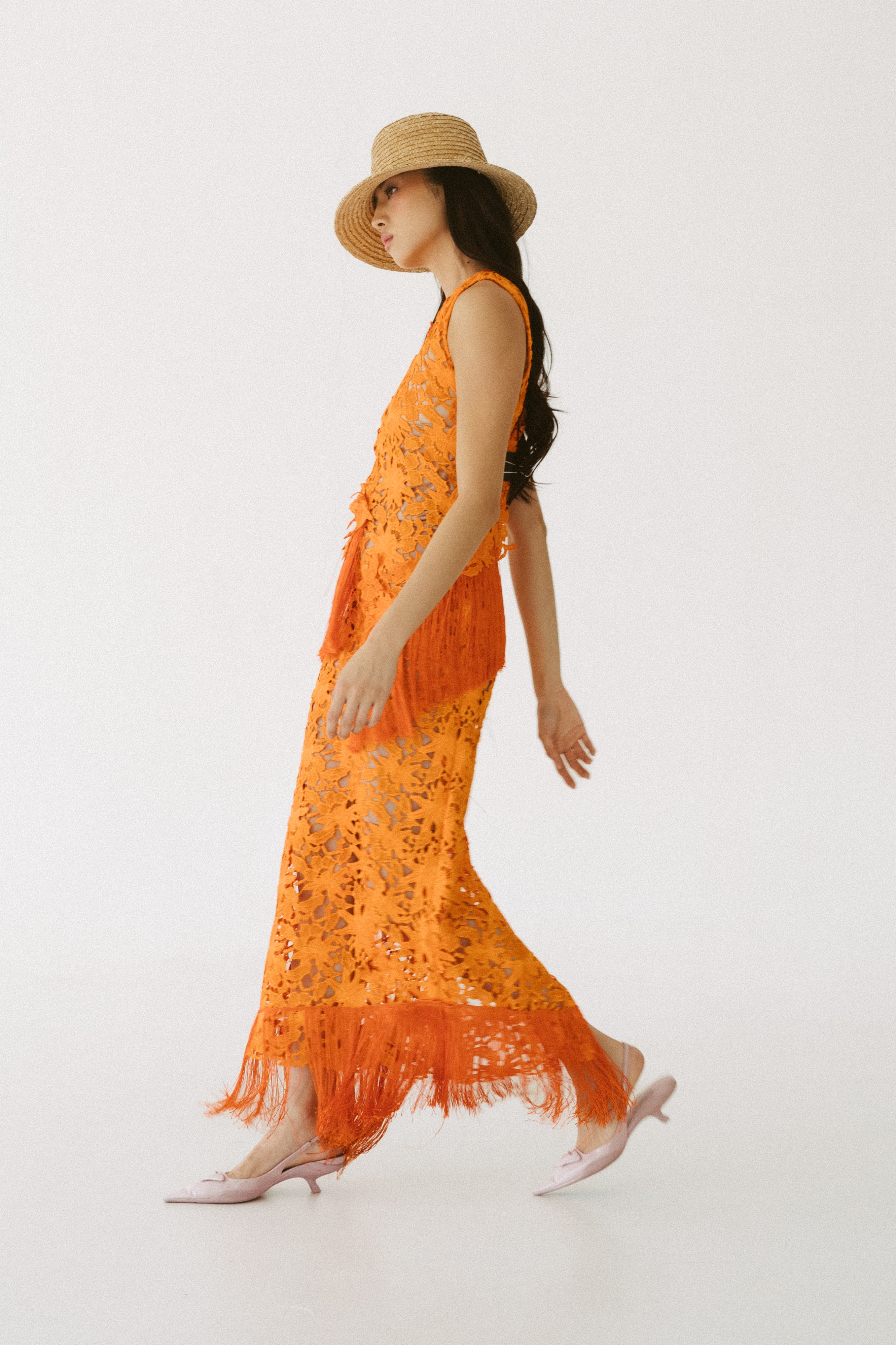 Orange Guipure Lace Dress with Tassels