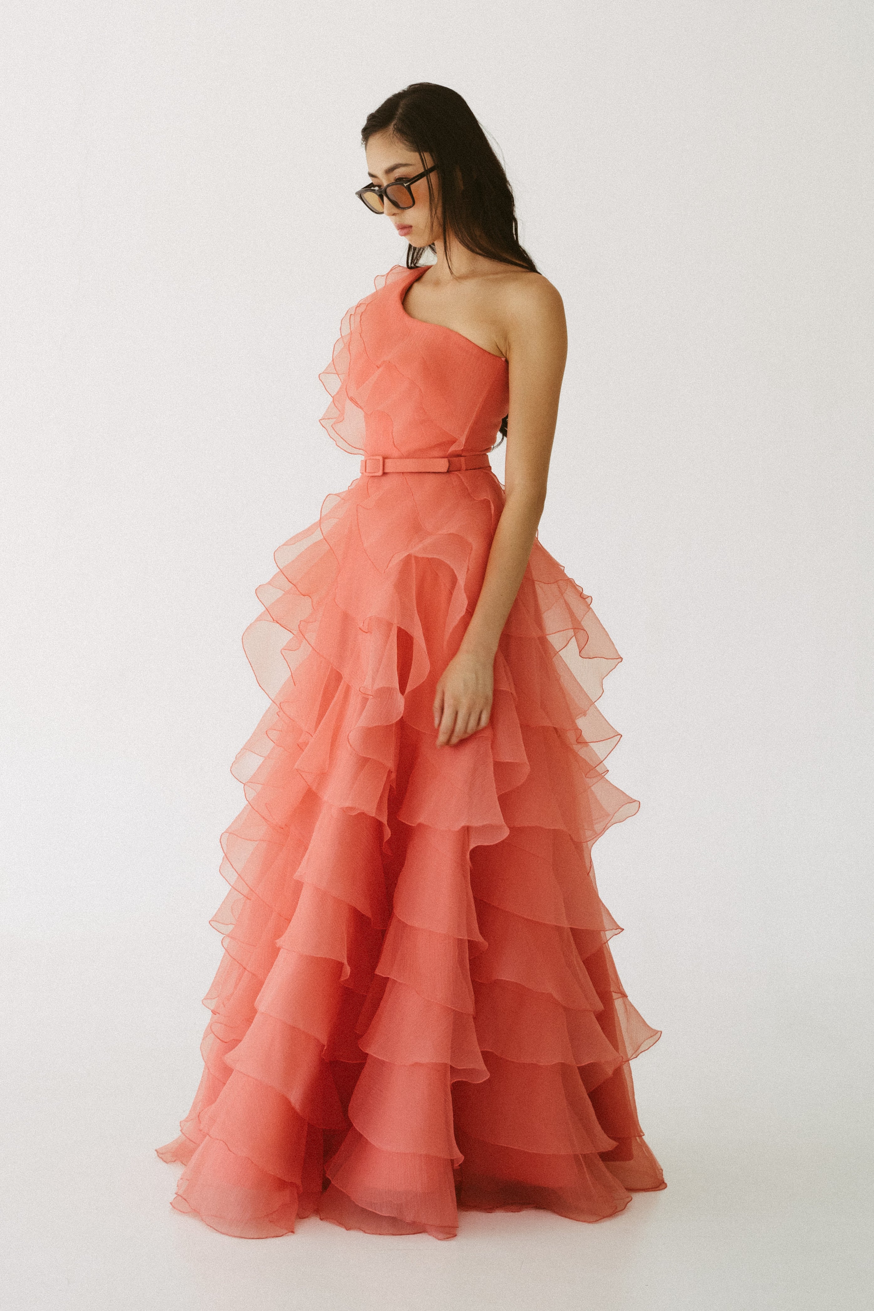 Ruffled One Shoulder Gown