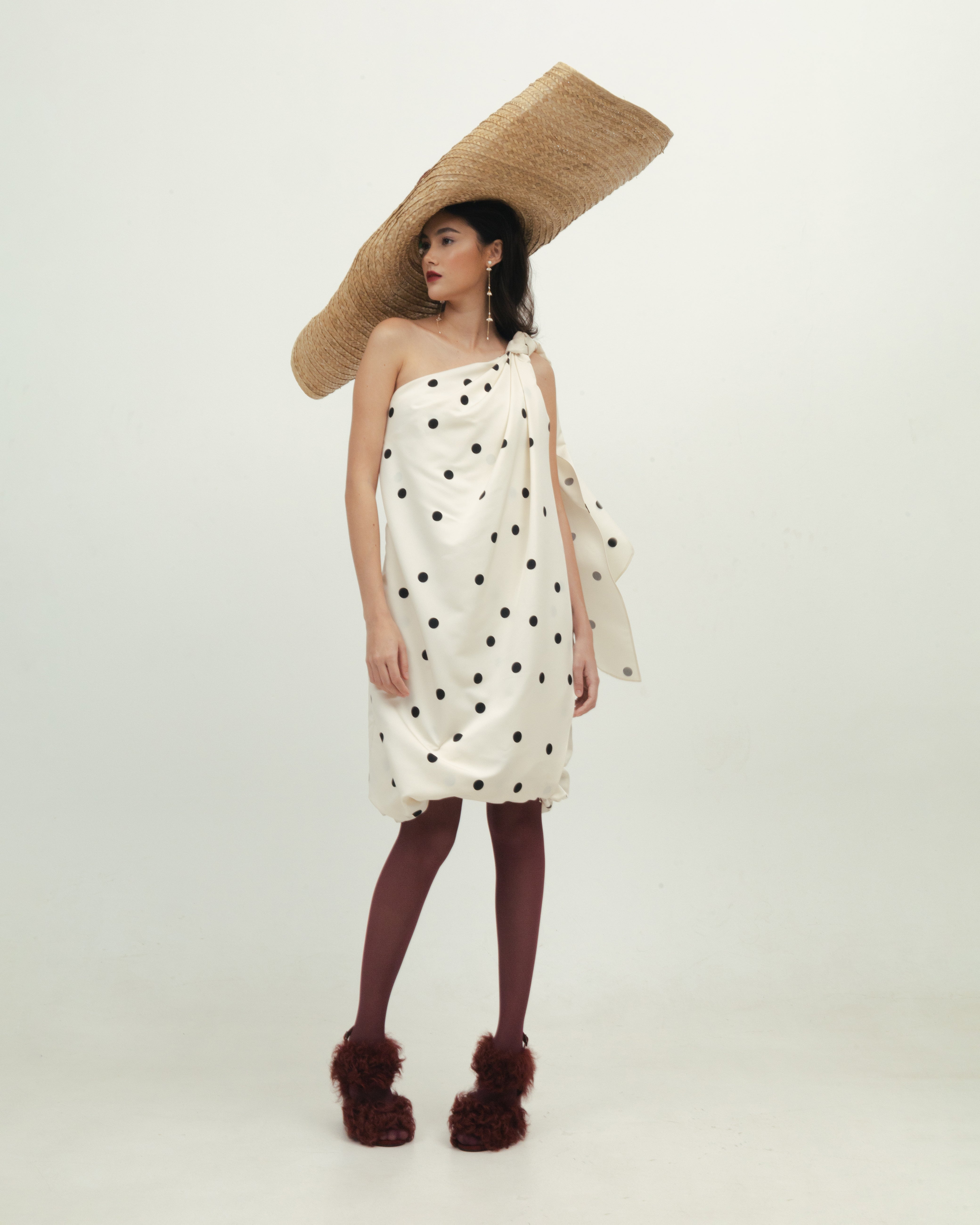 White Polka Dot One Shoulder Dress