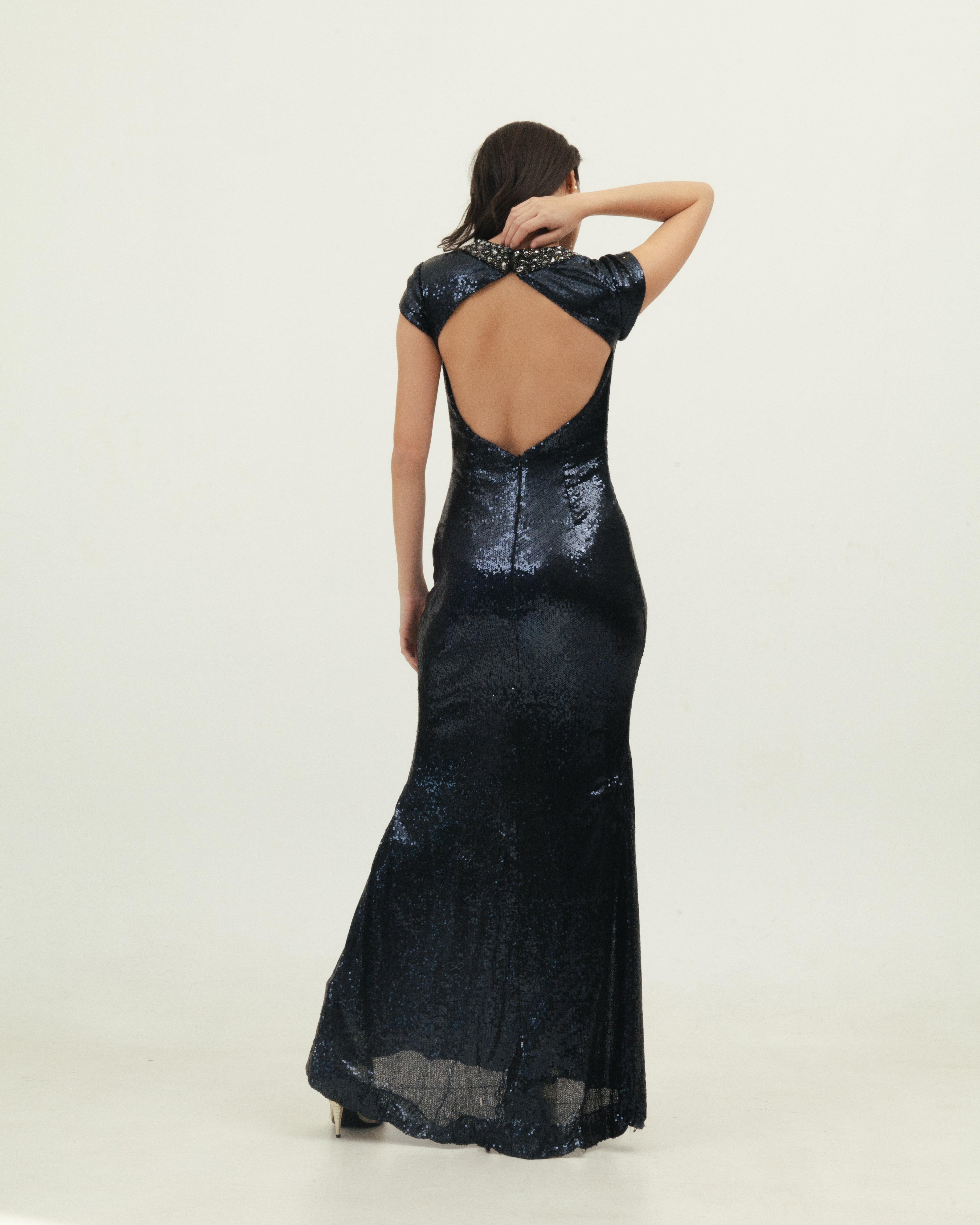 Navy Blue Sequin Dress with Open Back Detail