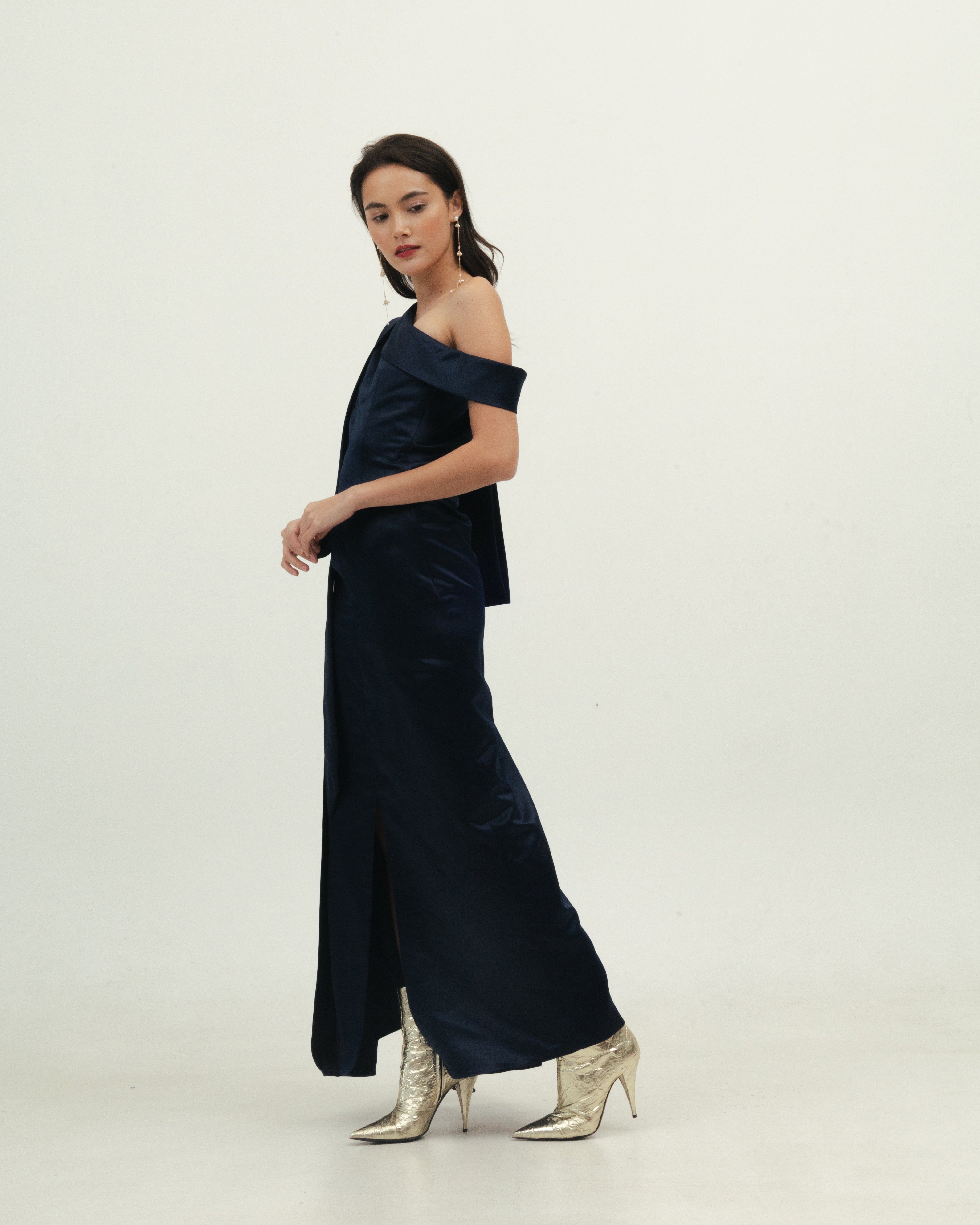 Navy Blue Silk One Shoulder Dress