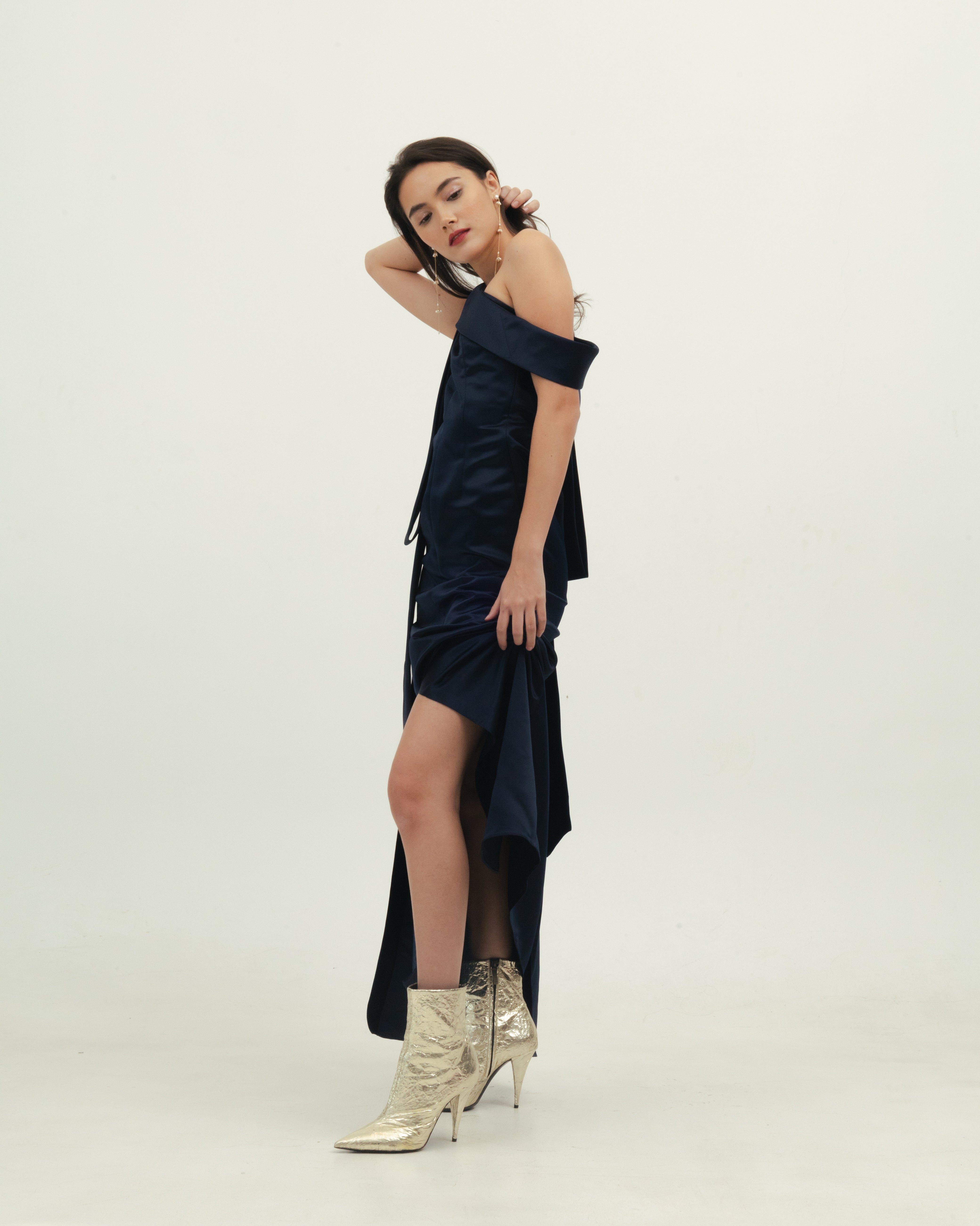 Navy Blue Silk One Shoulder Dress