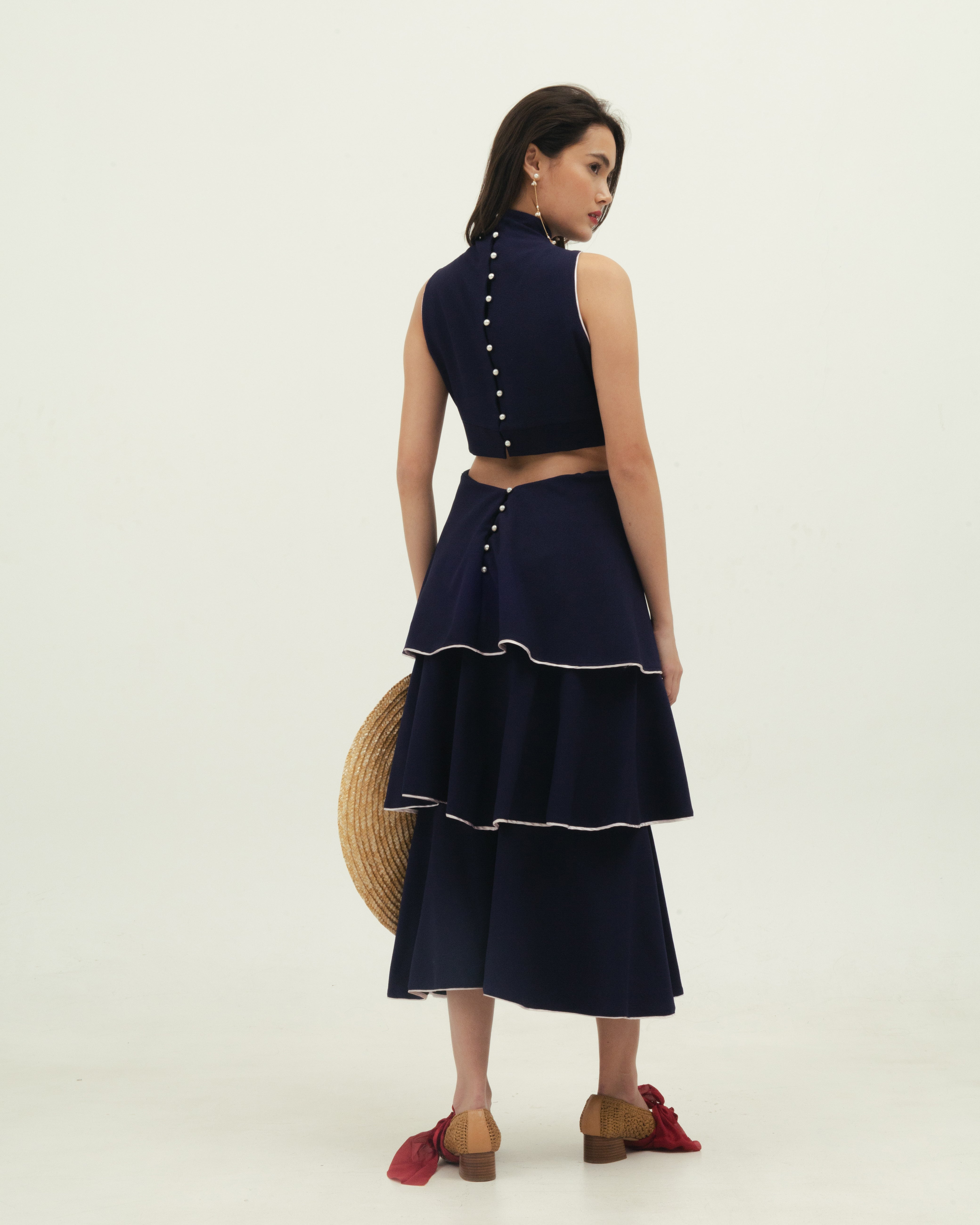 Navy Blue Tiered Dress with Pearl Buttons