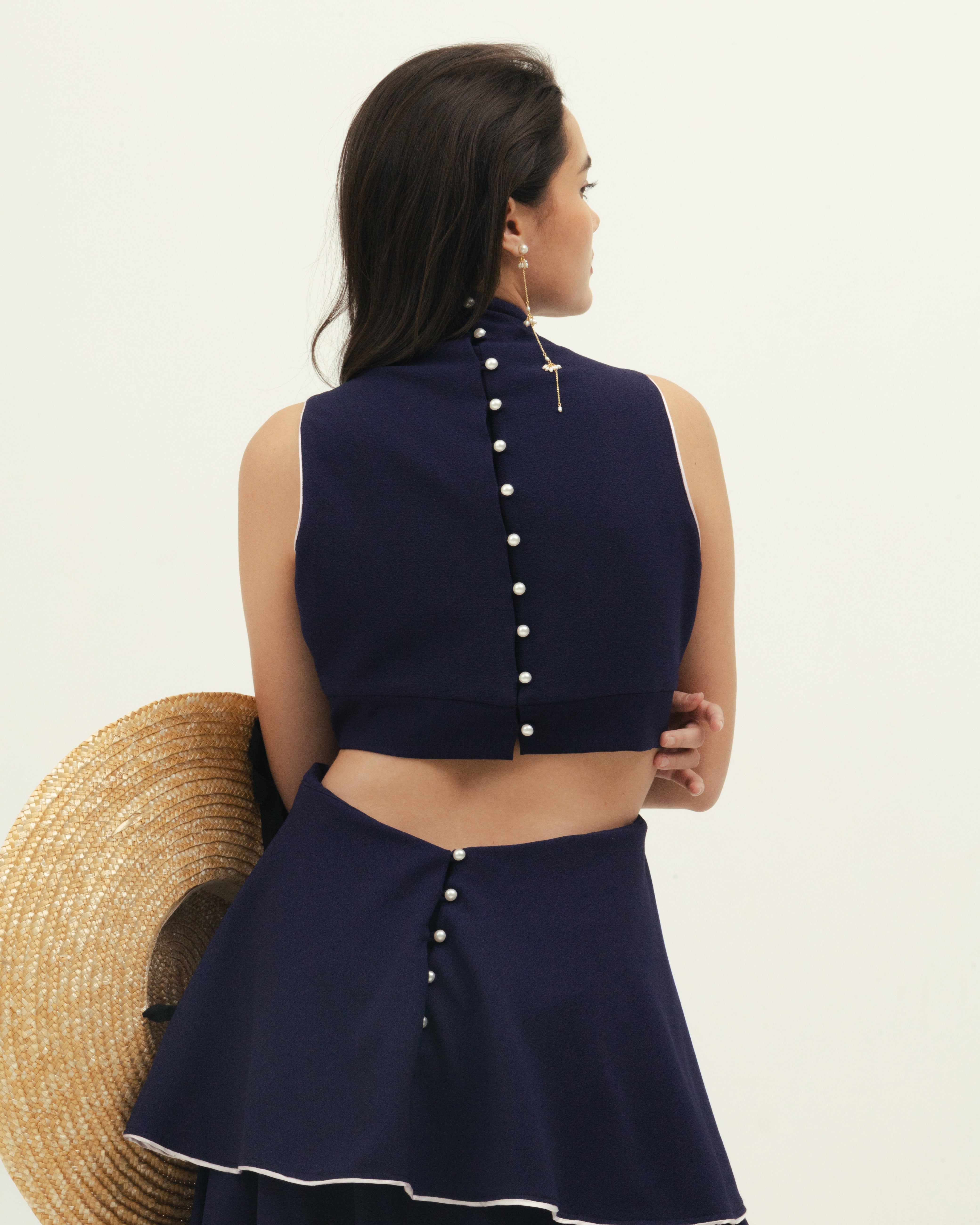 Navy Blue Tiered Dress with Pearl Buttons