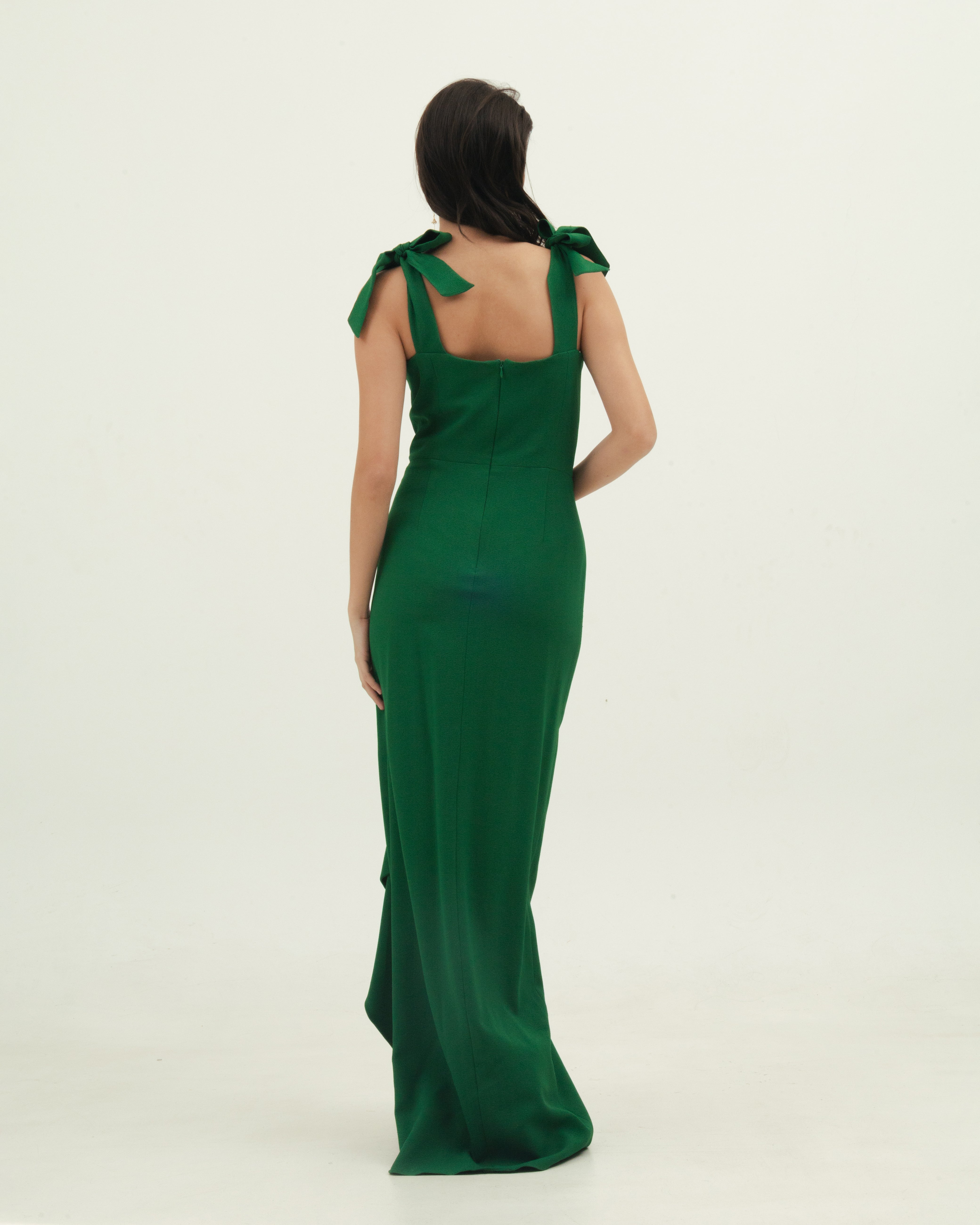 Green Crepe Dress with Bow Detail