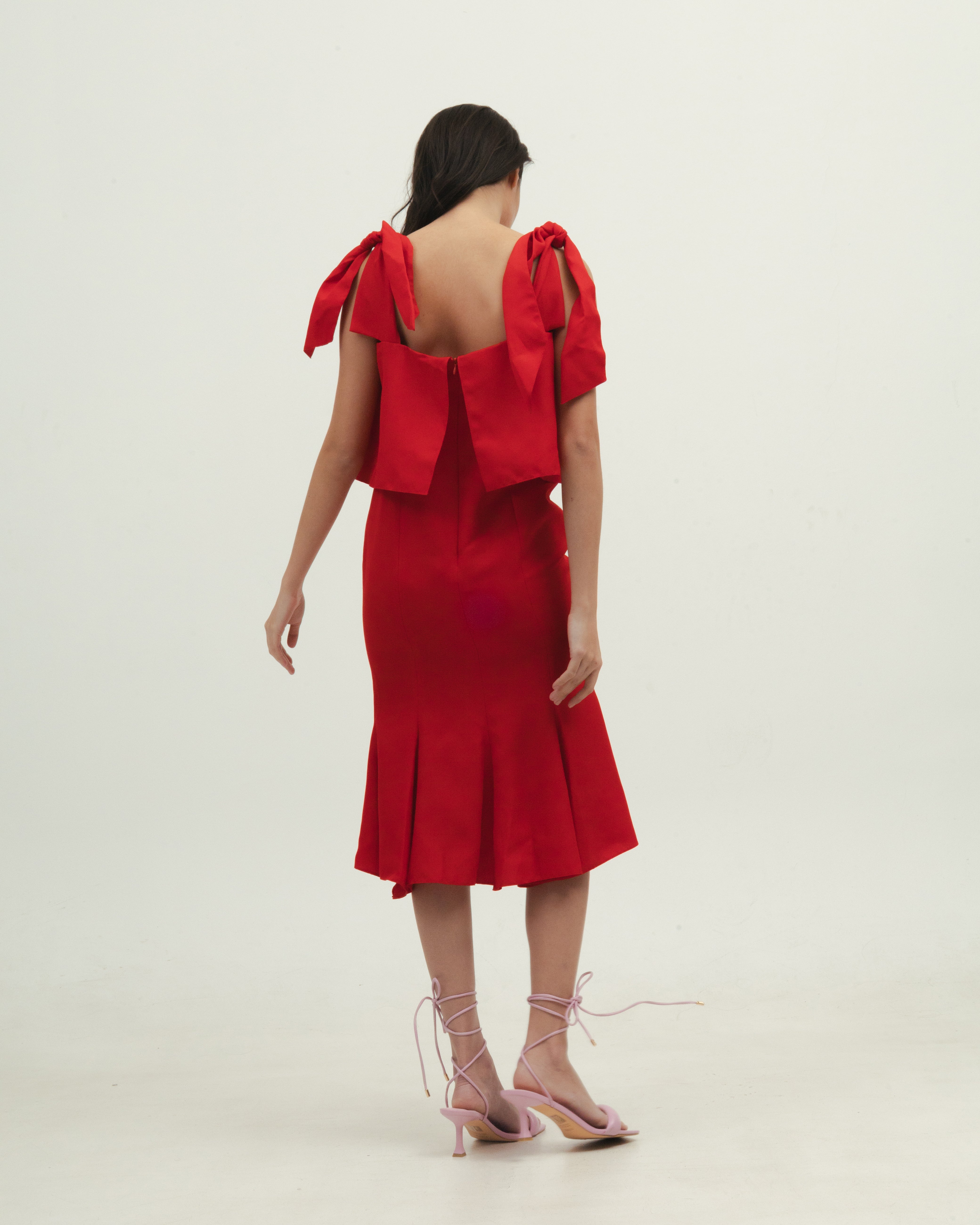 Red Midi Dress with Ribbon Sleeve detail