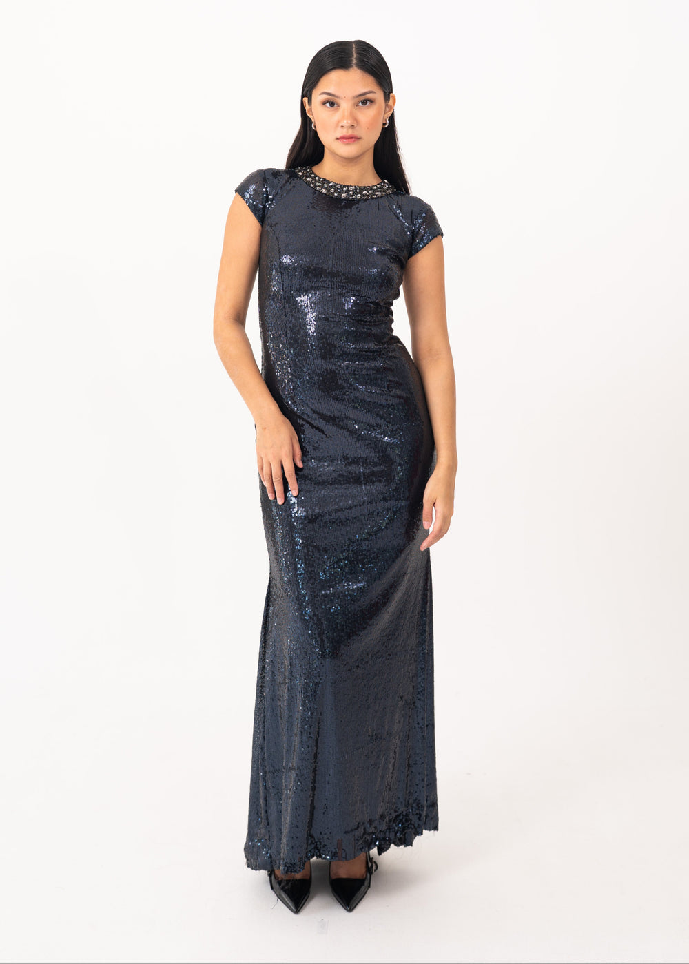 Navy Blue Sequin Dress with Open Back Detail – VESTIDO