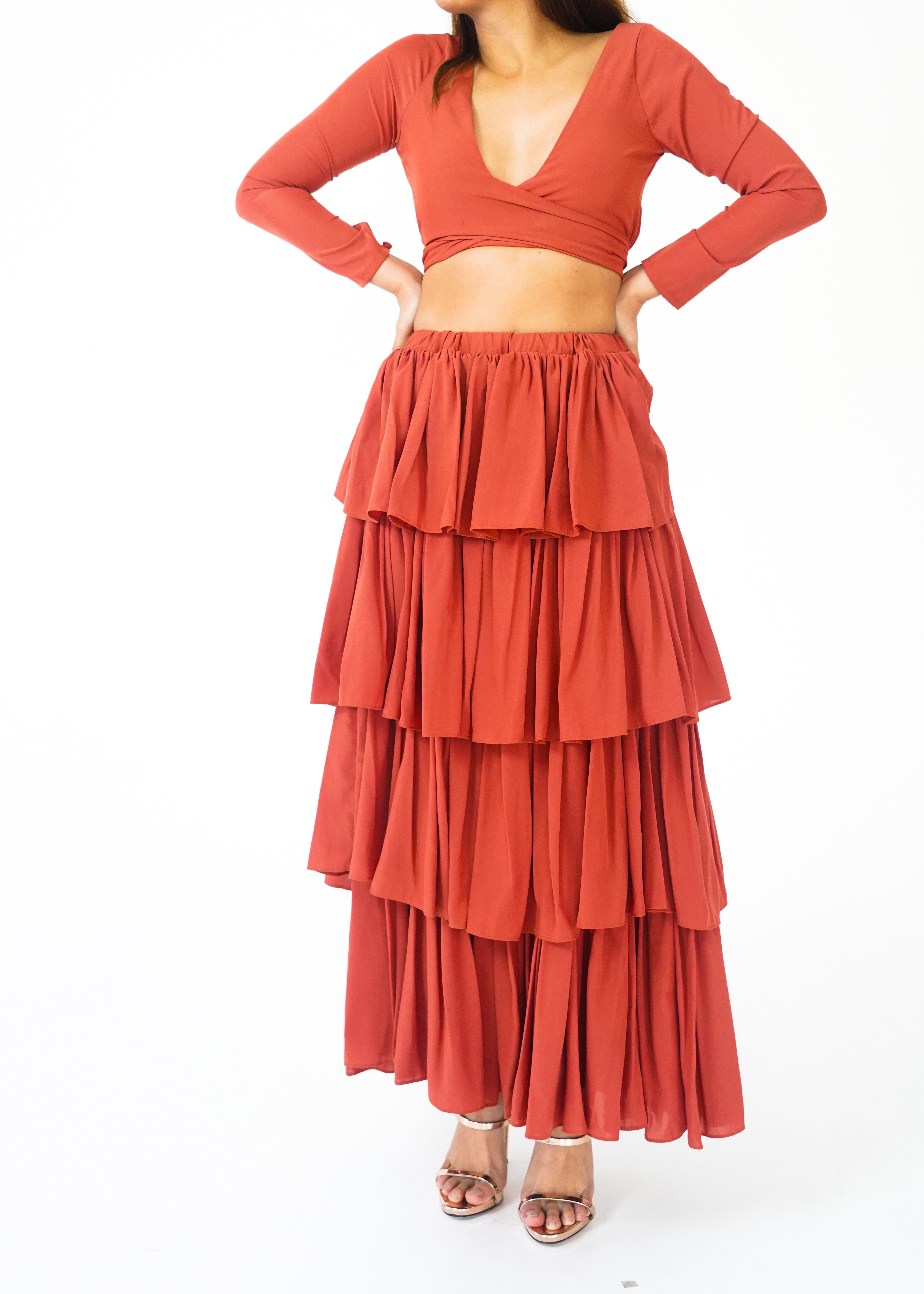 Rust Crop Longsleeve Top and Ruffle Skirt set