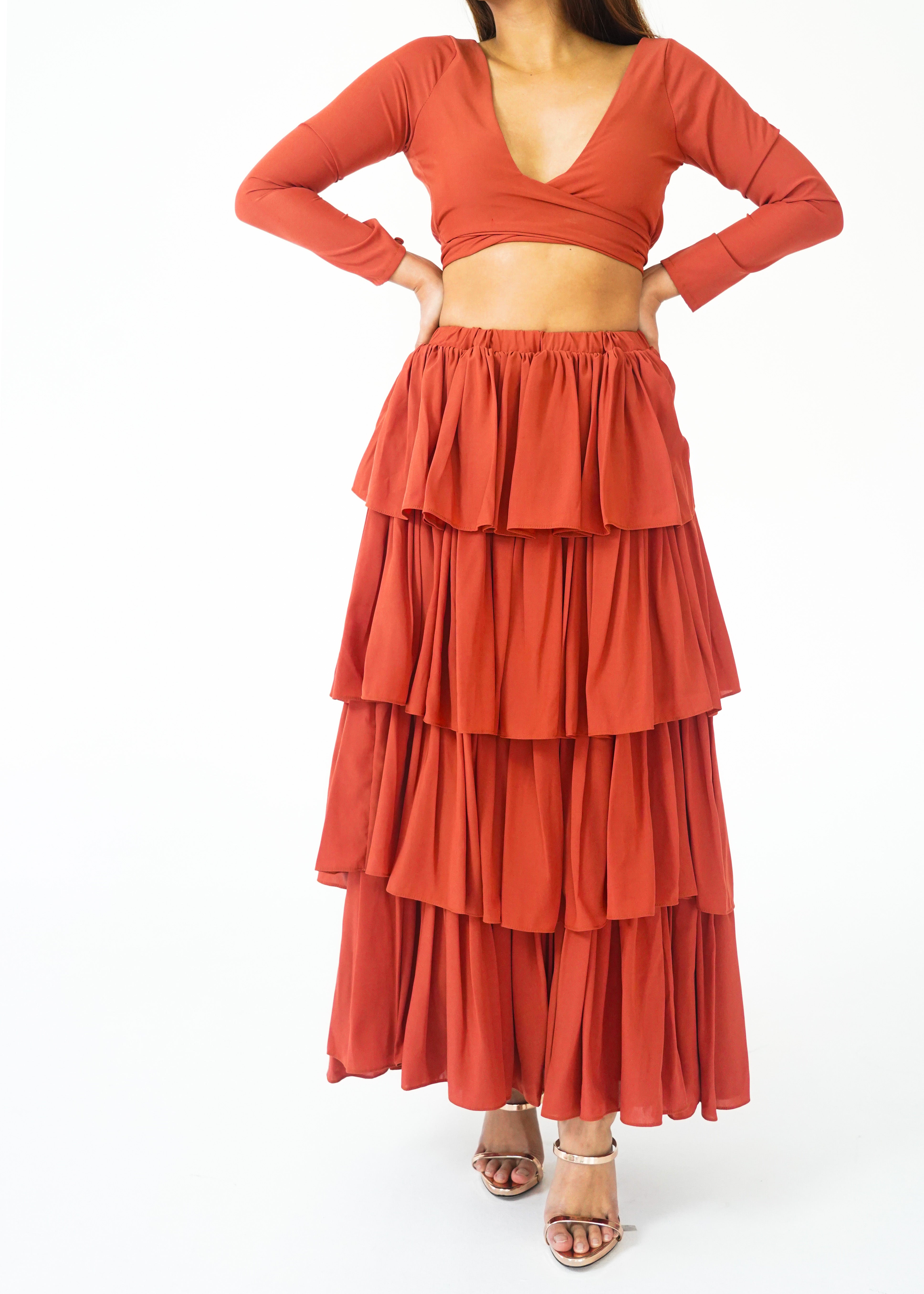 Rust Crop Longsleeve Top and Ruffle Skirt set