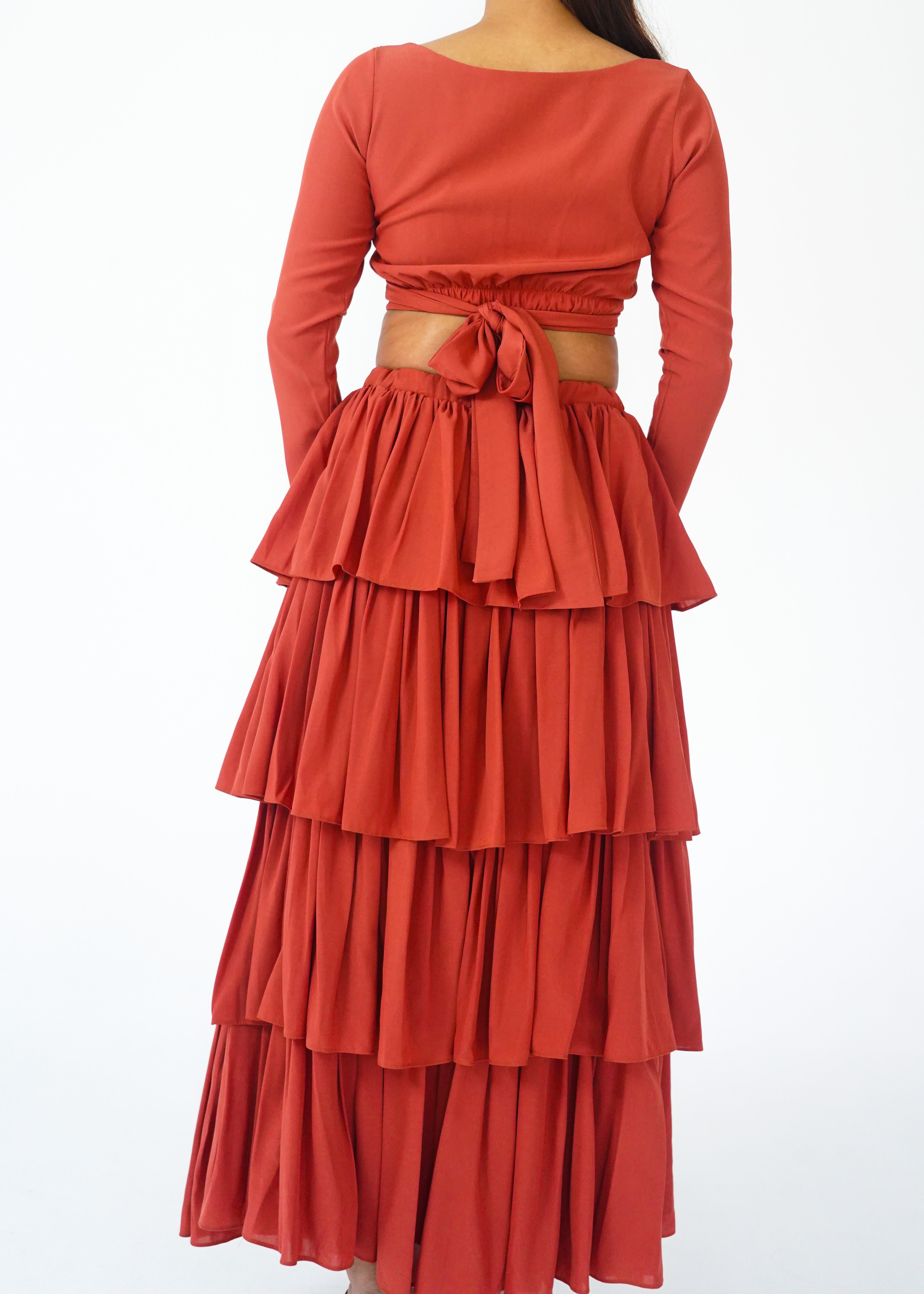 Rust Crop Longsleeve Top and Ruffle Skirt set