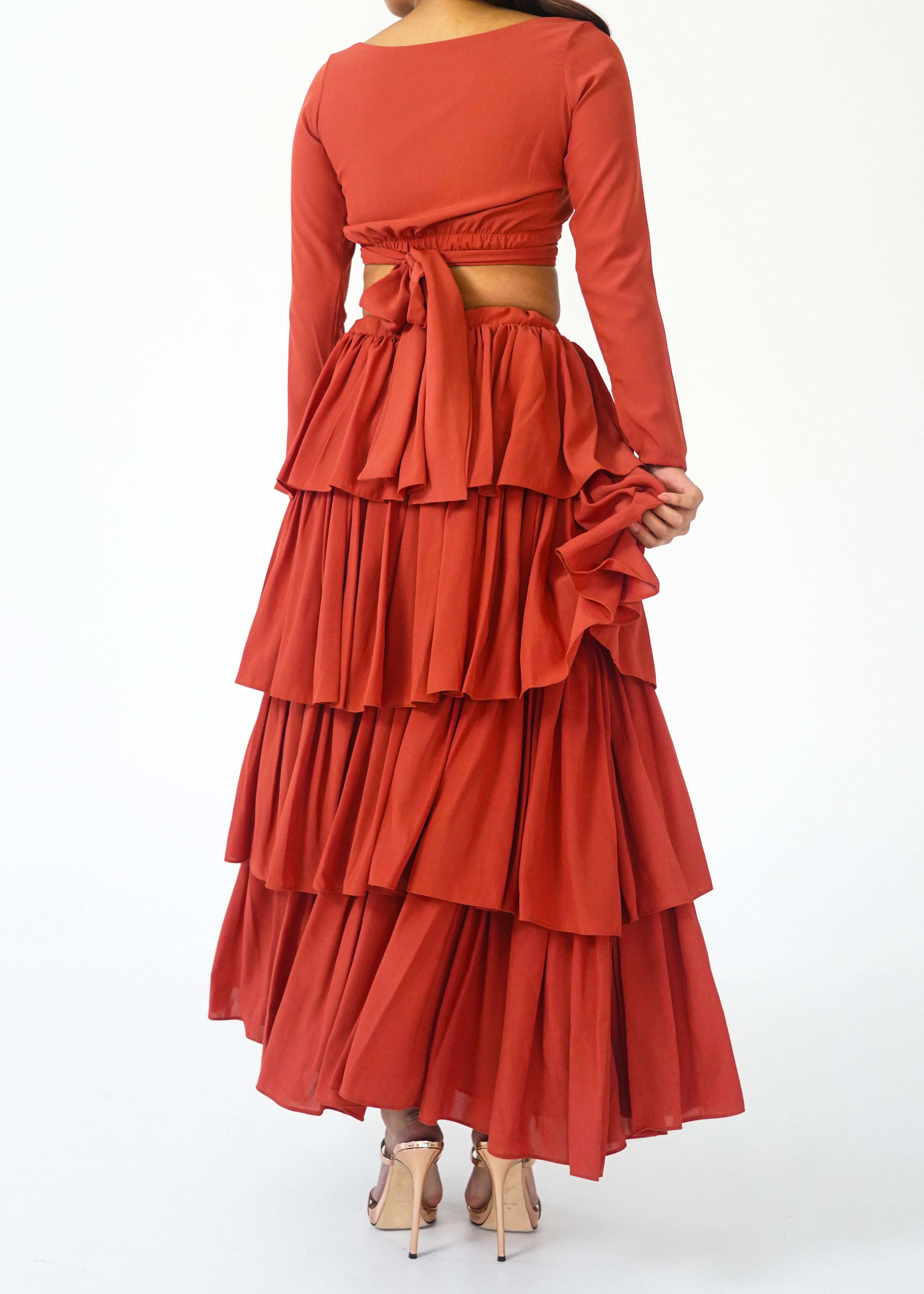 Rust Crop Longsleeve Top and Ruffle Skirt set