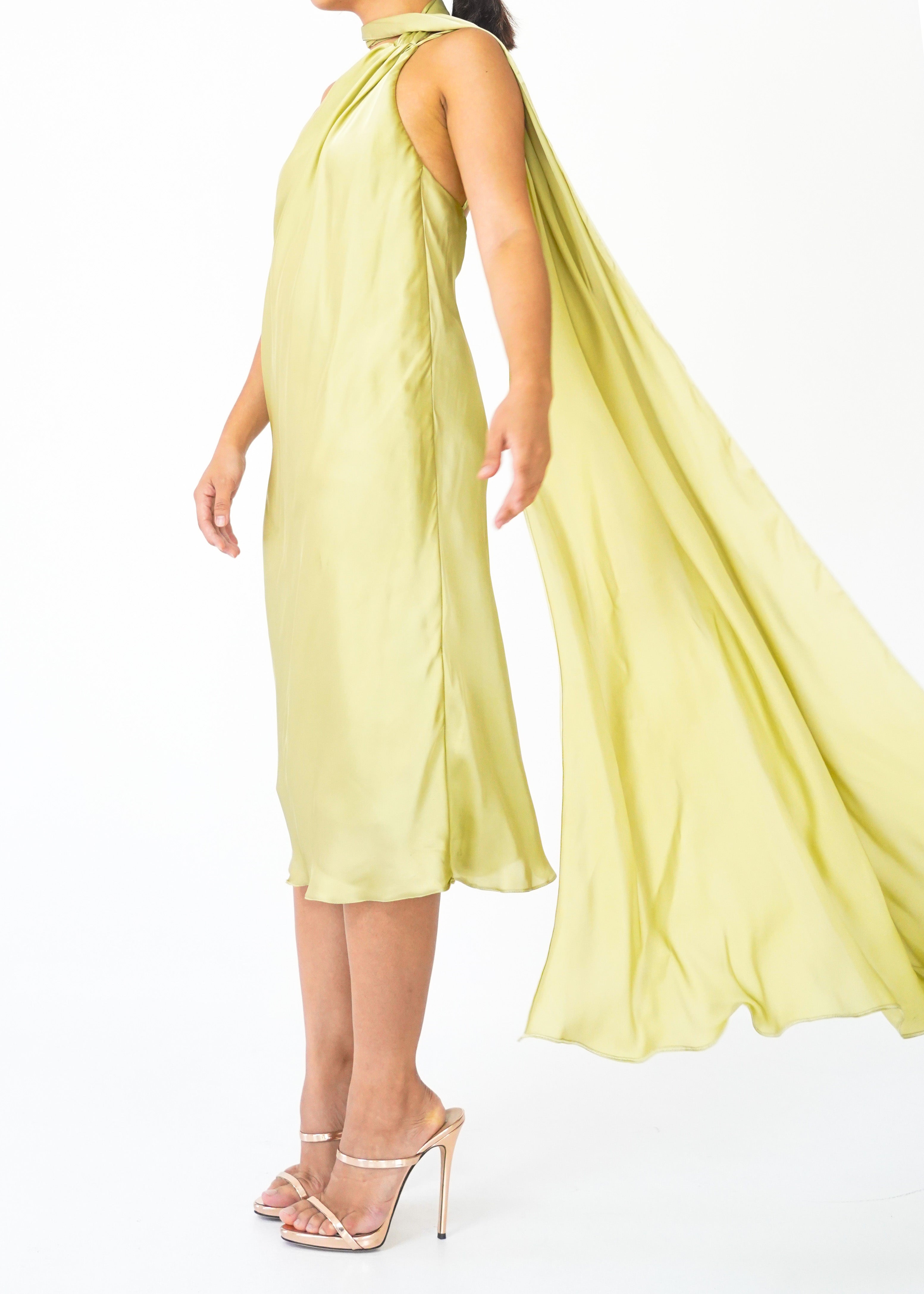 Lime One Shoulder Silk Dress