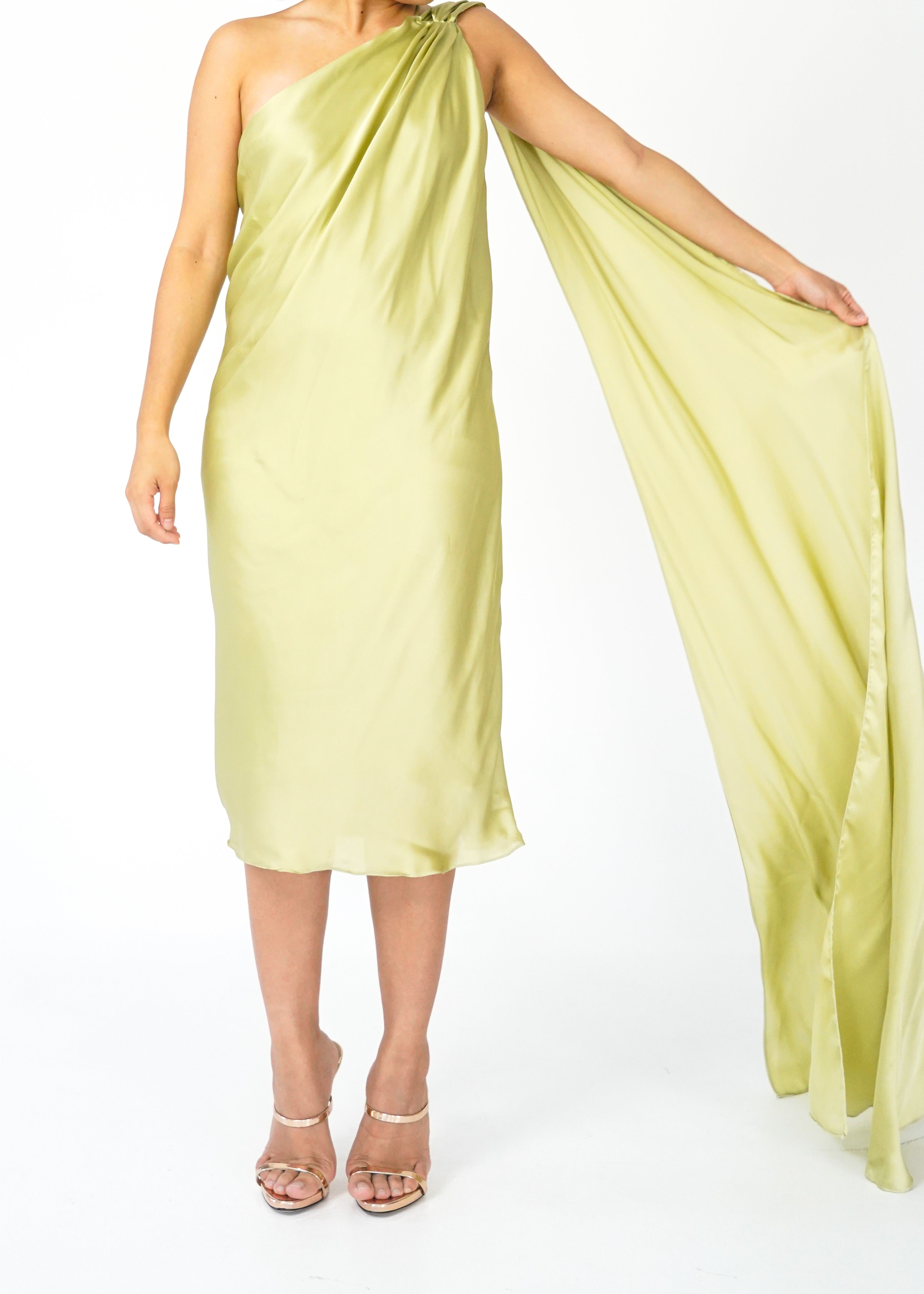 Lime One Shoulder Silk Dress