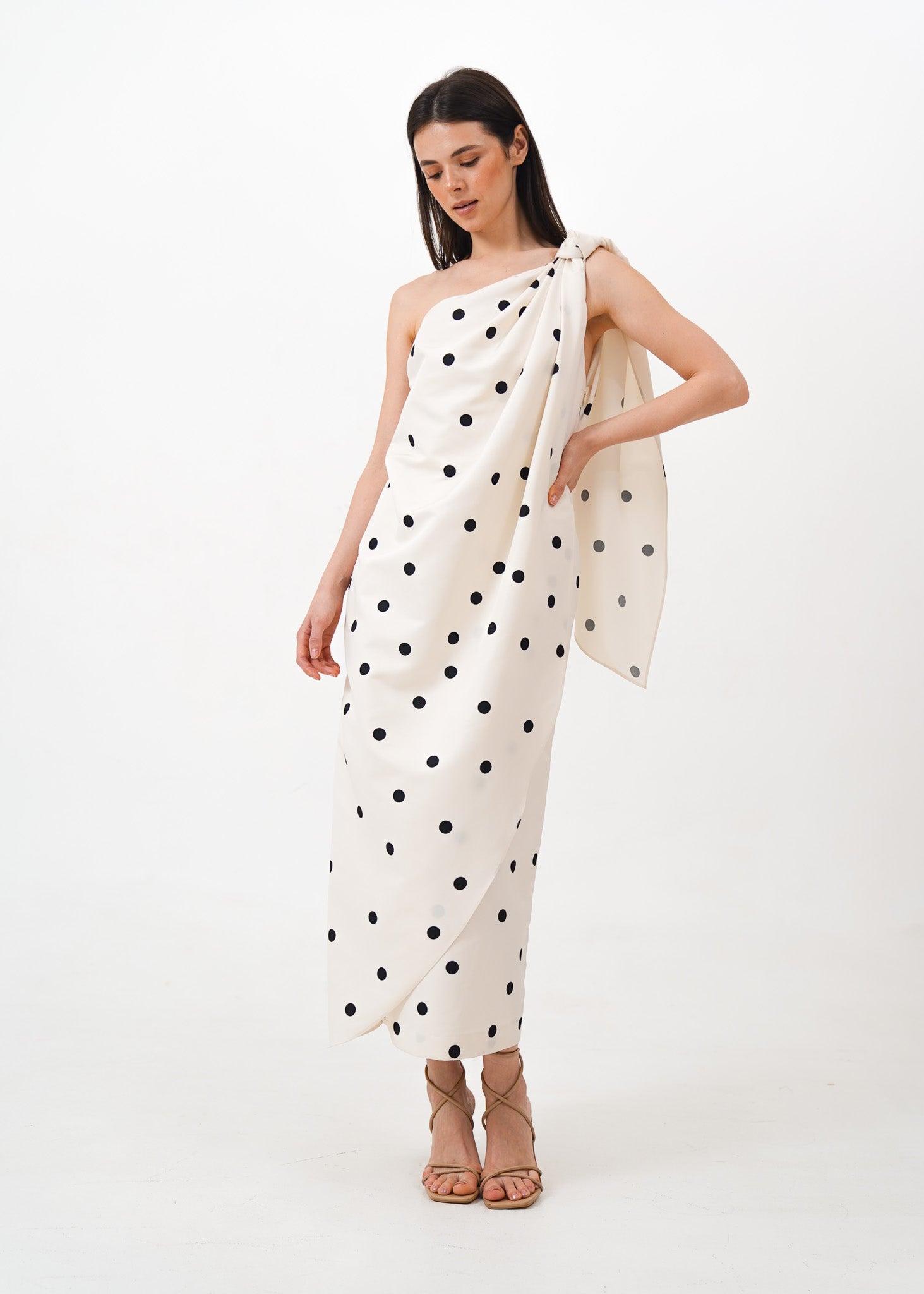 White Polka Dot One Shoulder Dress