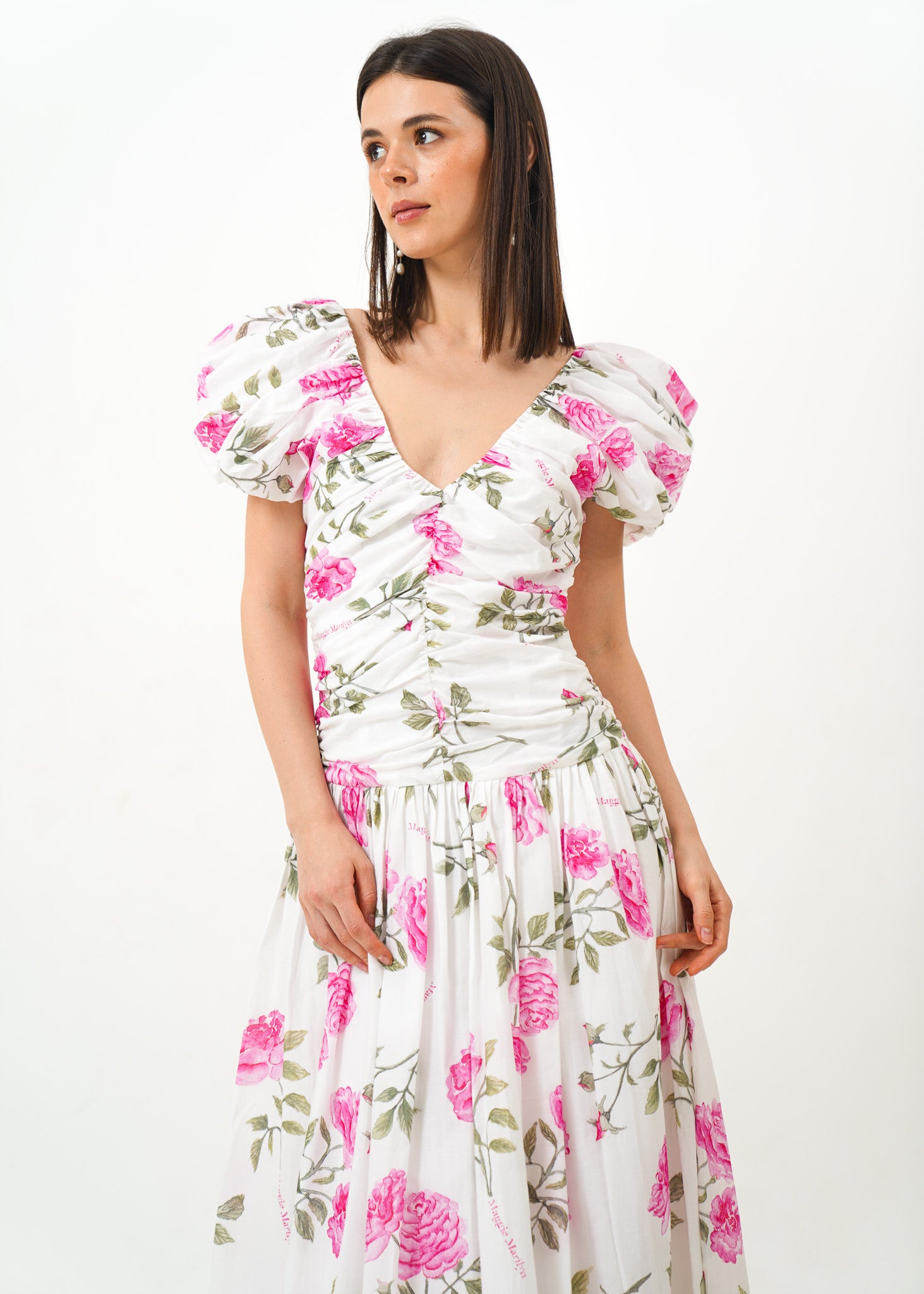 White Puff Sleeve Dress with Pink Floral Details