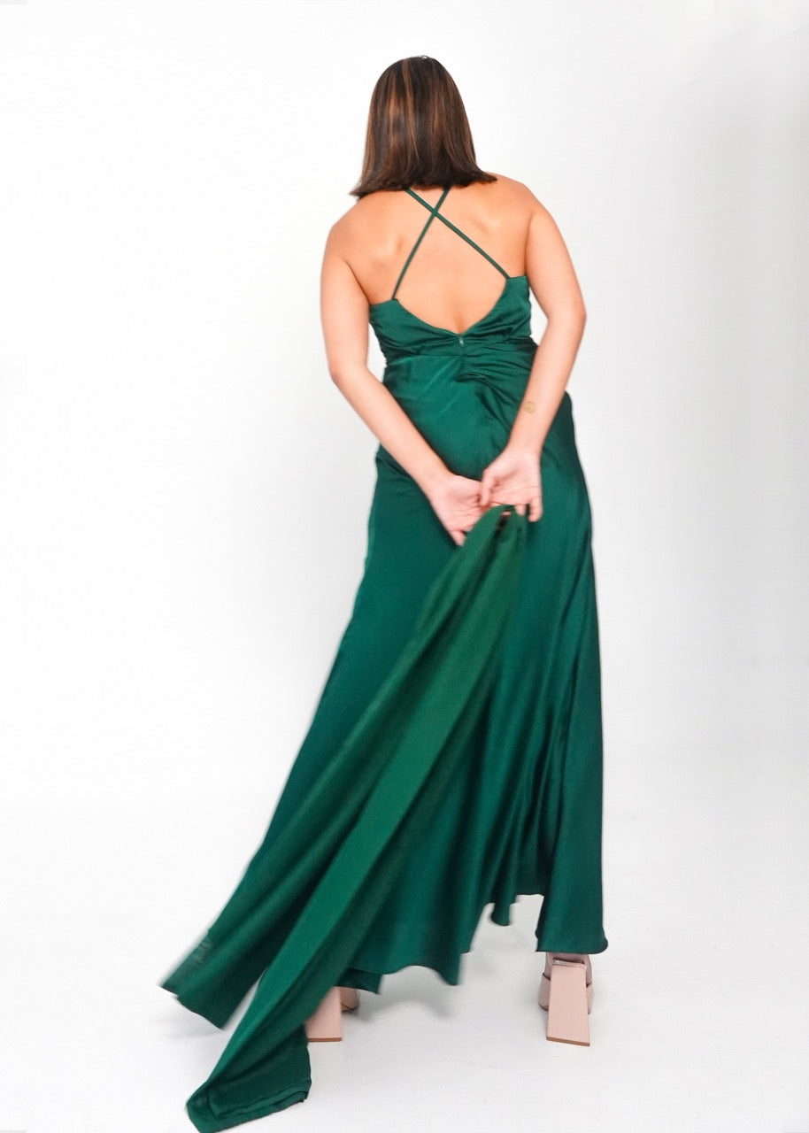 Emerald Silk Dress with Scarf