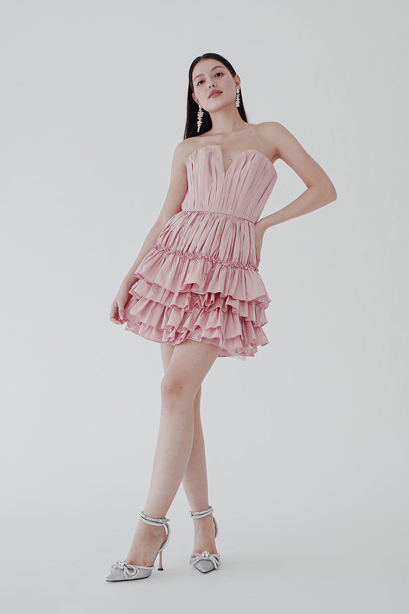 Pink Crushed Taffeta Mini Tiered Dress