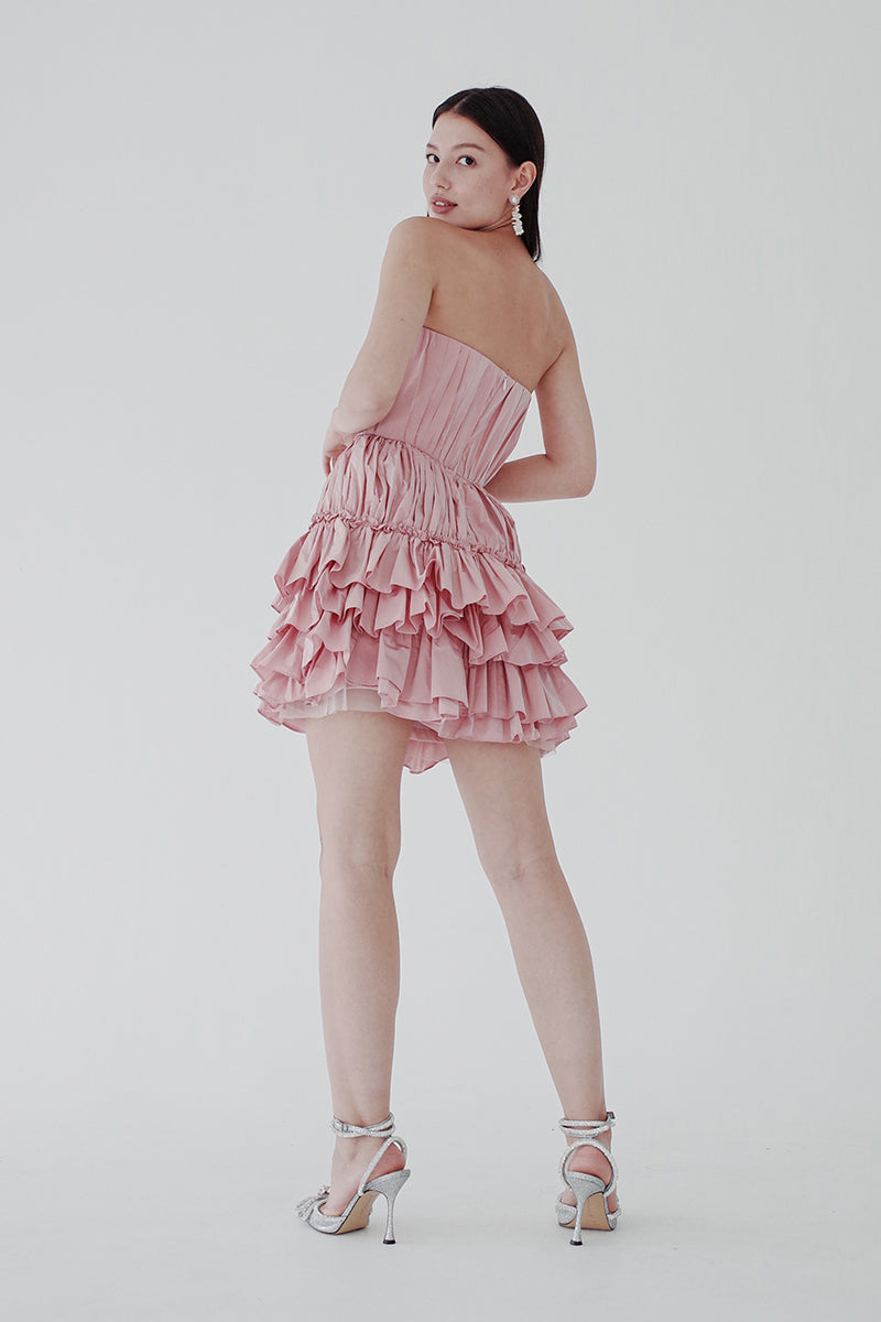 Pink Crushed Taffeta Mini Tiered Dress