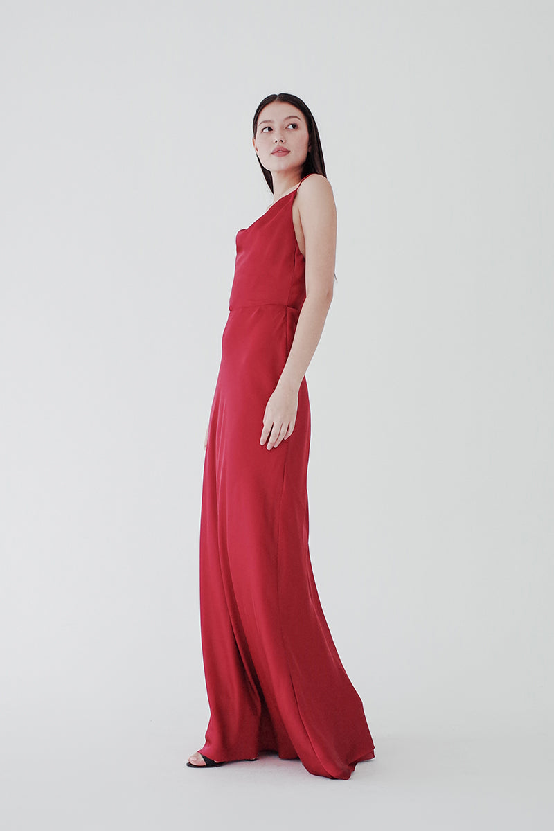 Red Cowl Silk Low Back Dress