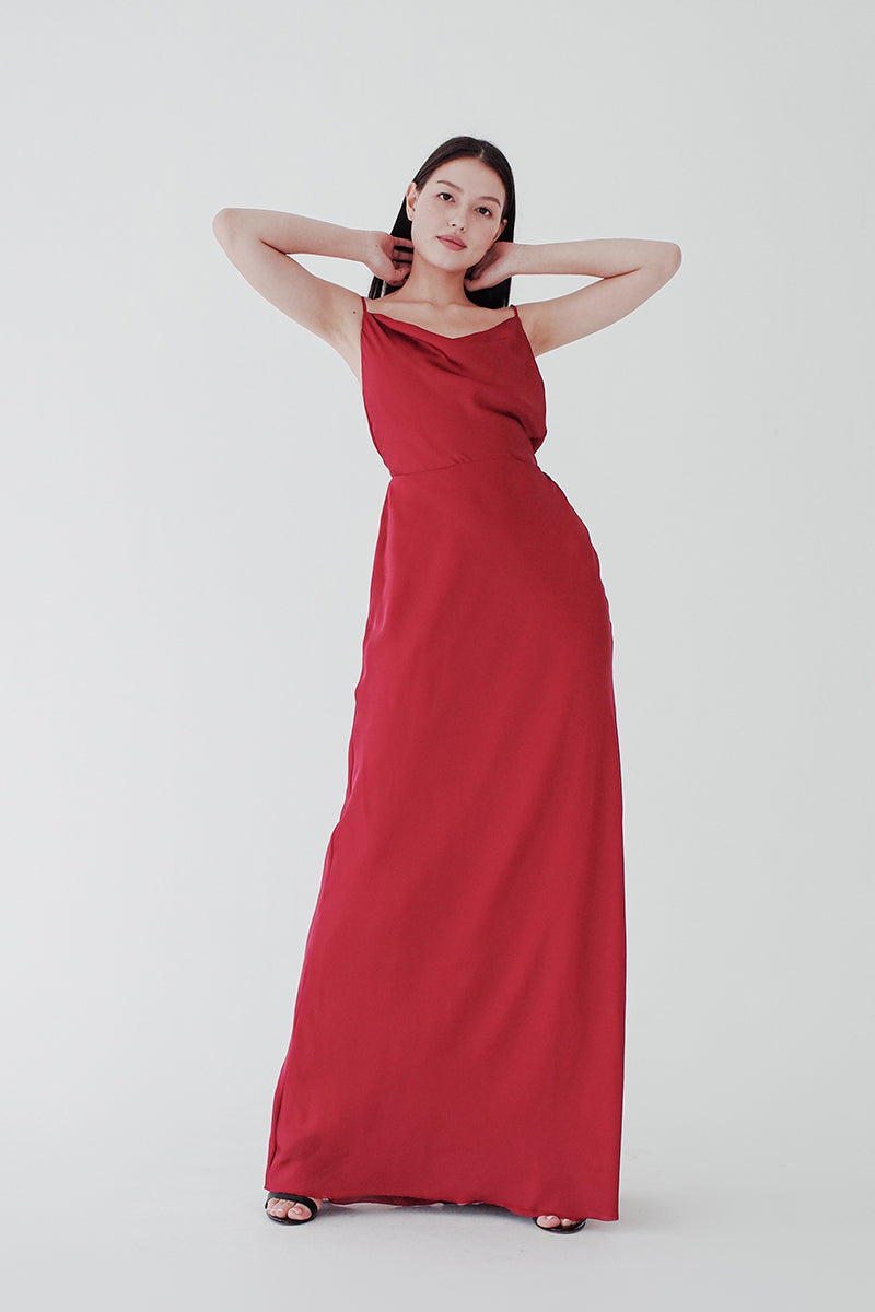 Red Cowl Silk Low Back Dress