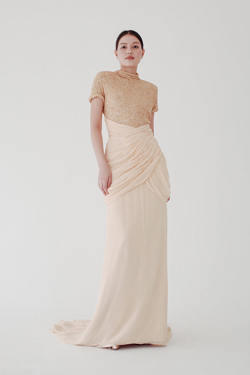 Gold Sequined Top with Chiffon Drape Skirt Gown