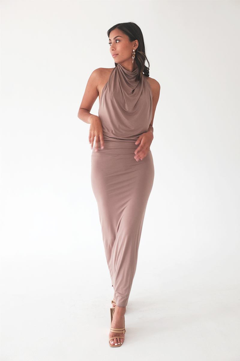 Taupe Cowl Neck Dress