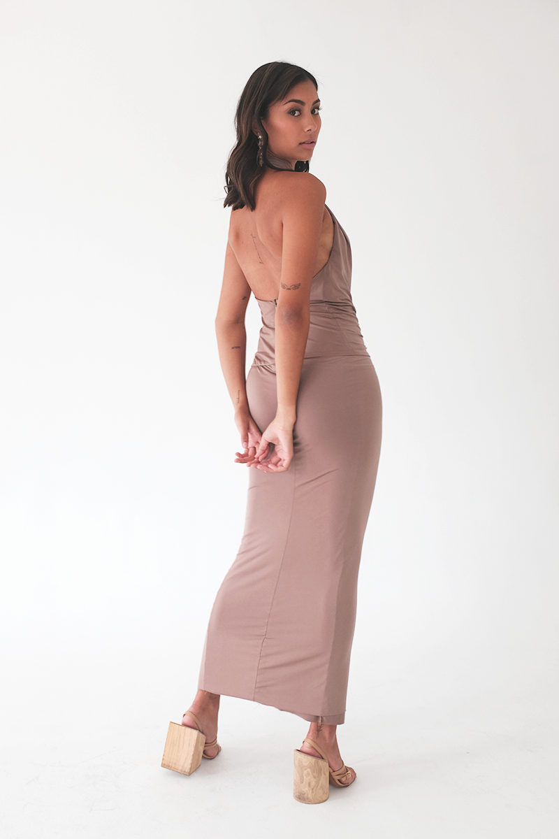 Taupe Cowl Neck Dress