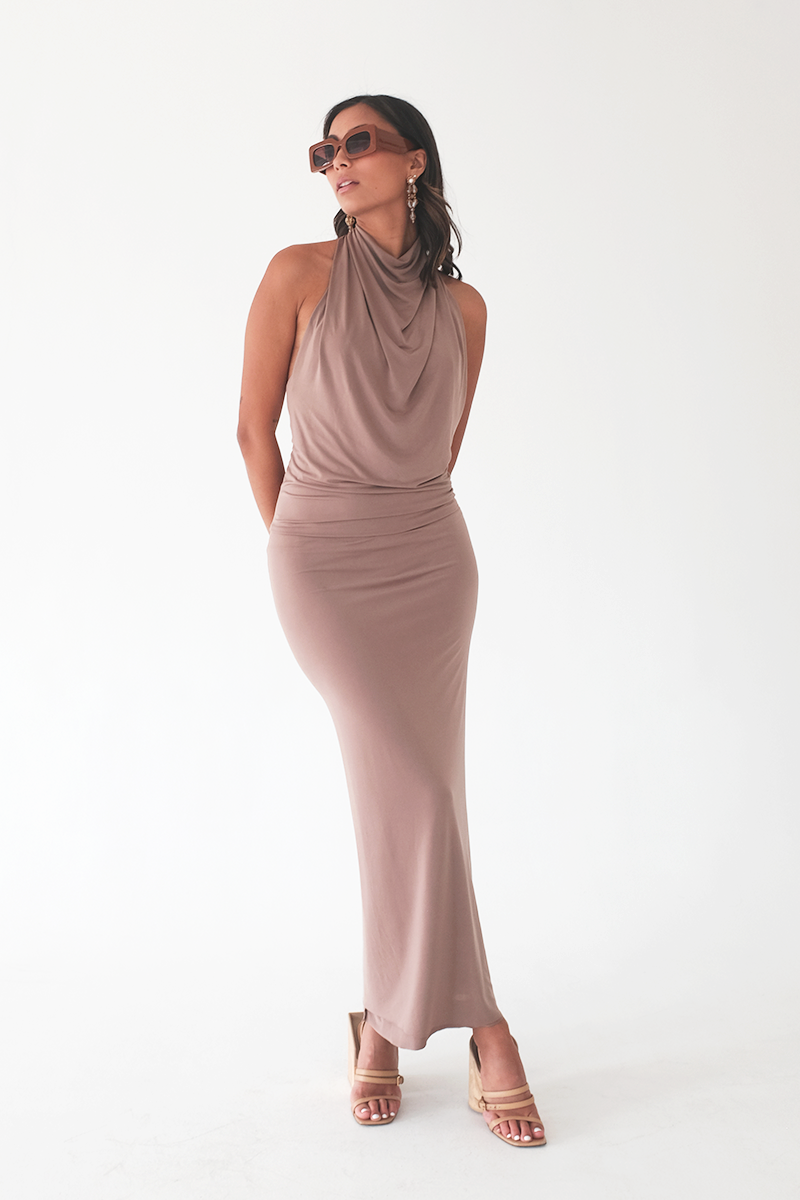 Taupe Cowl Neck Dress