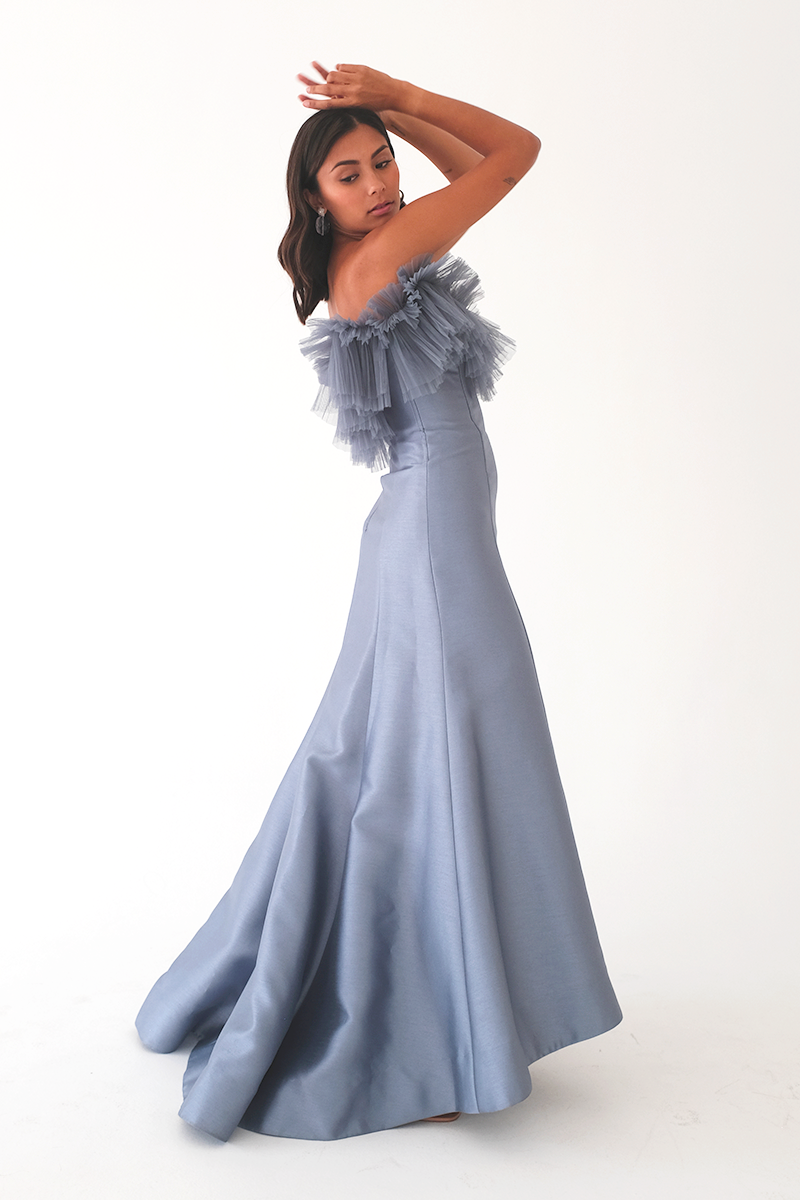 Dusty Blue Gown with Tulle Detail
