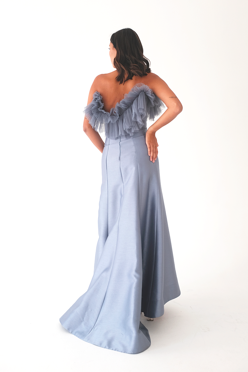 Dusty Blue Gown with Tulle Detail