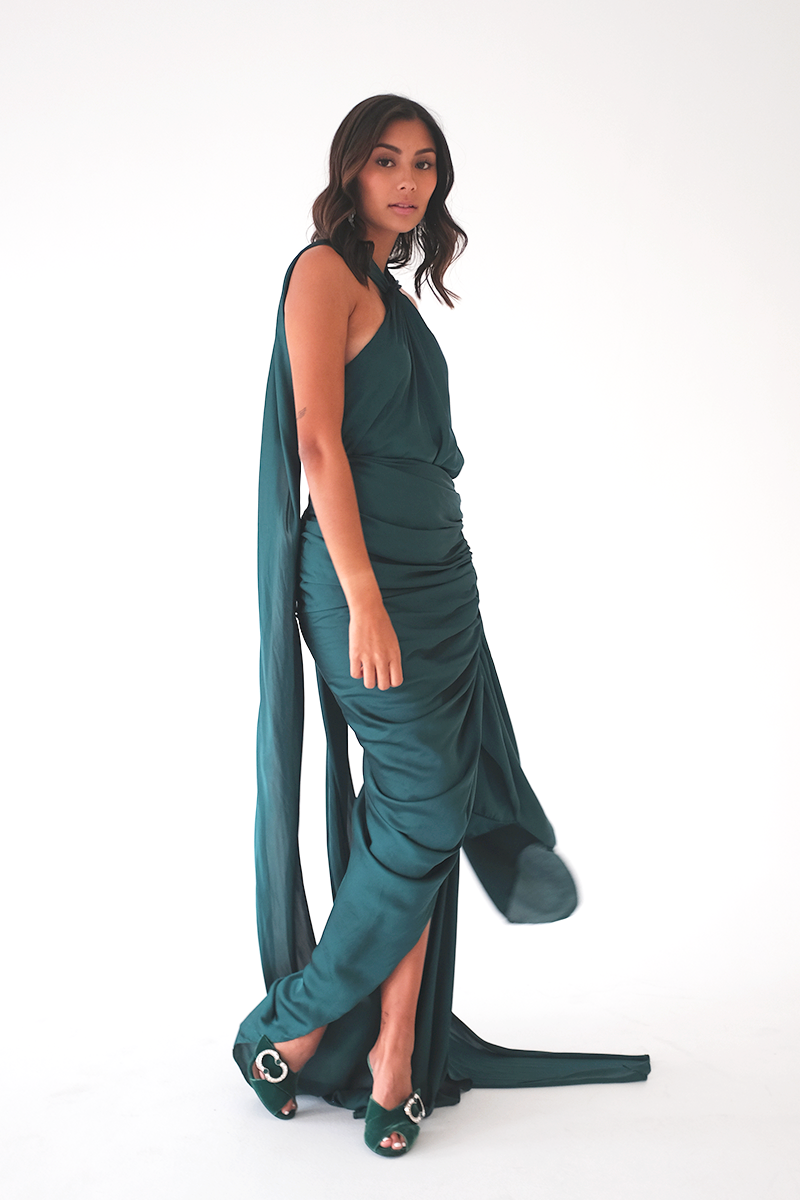 Dark Green Top with Ruched Skirt Set