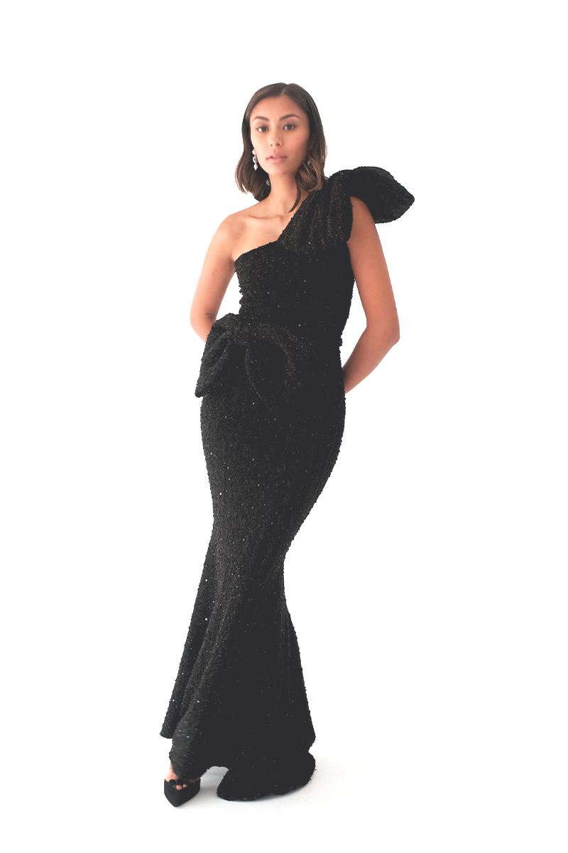 Black Beaded One Shoulder Gown with Bow Details