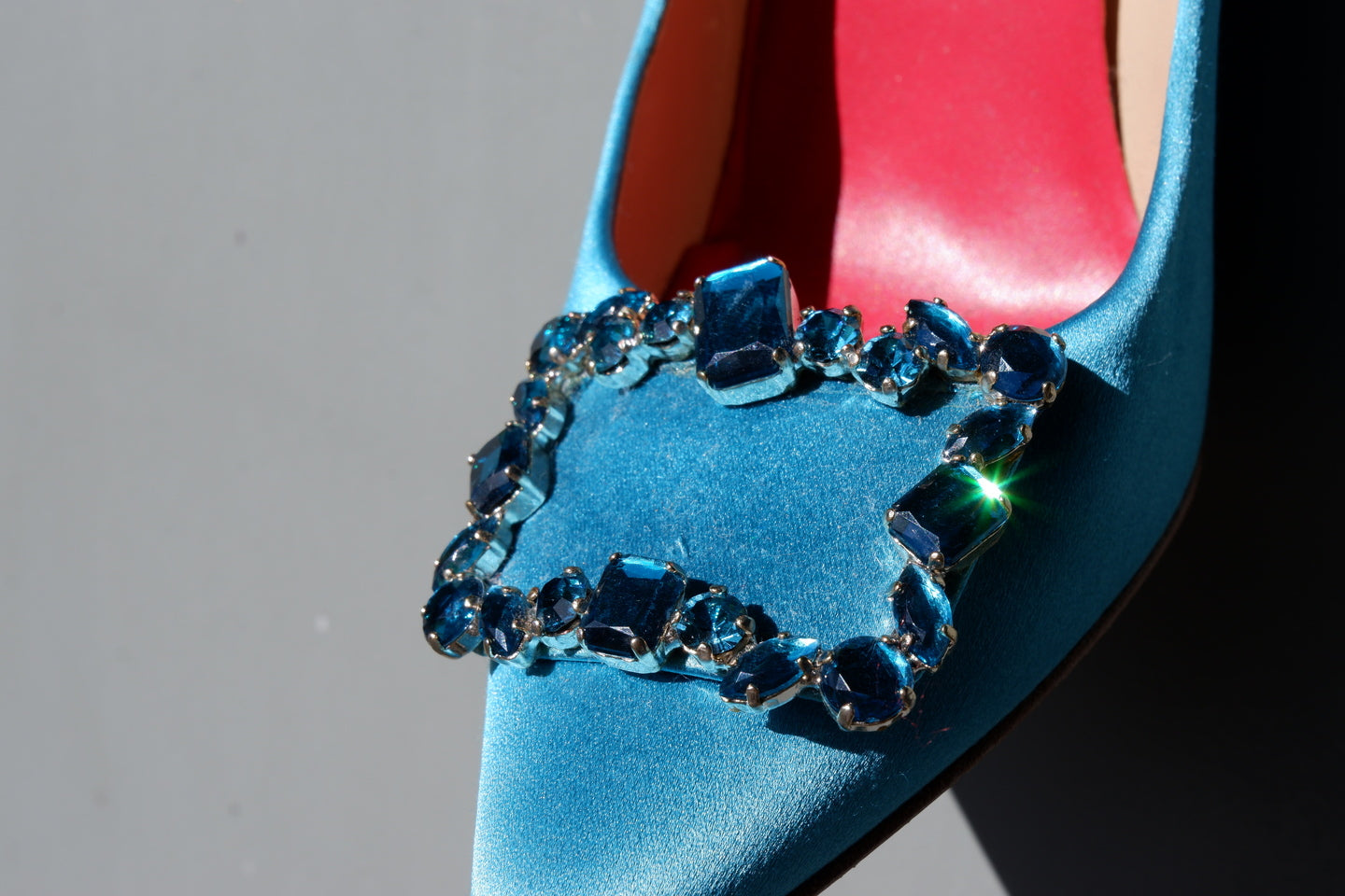 Blue Satin Pumps with Crystal Buckle