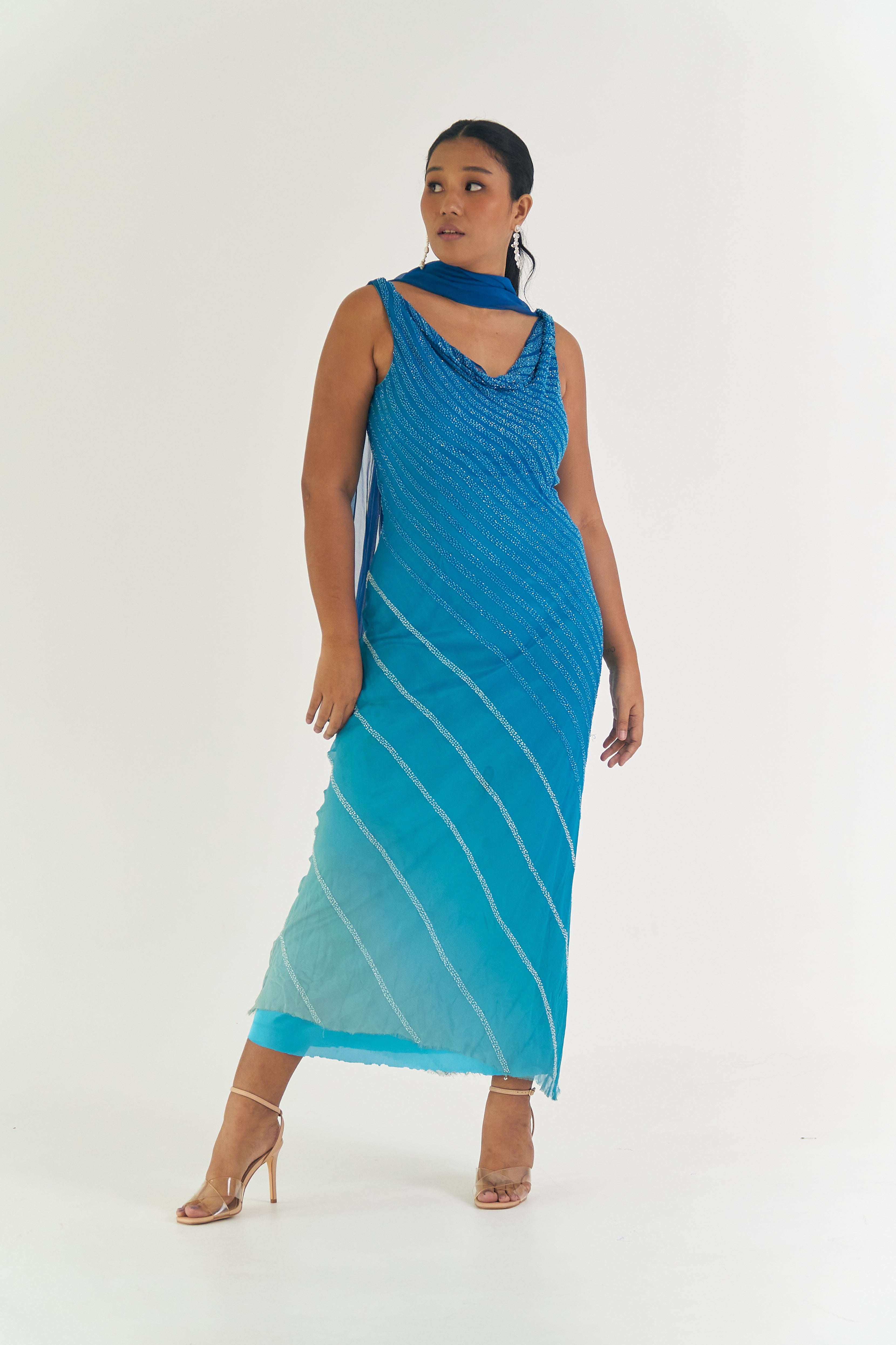 Blue Beaded Cowl Slip Silk Dress