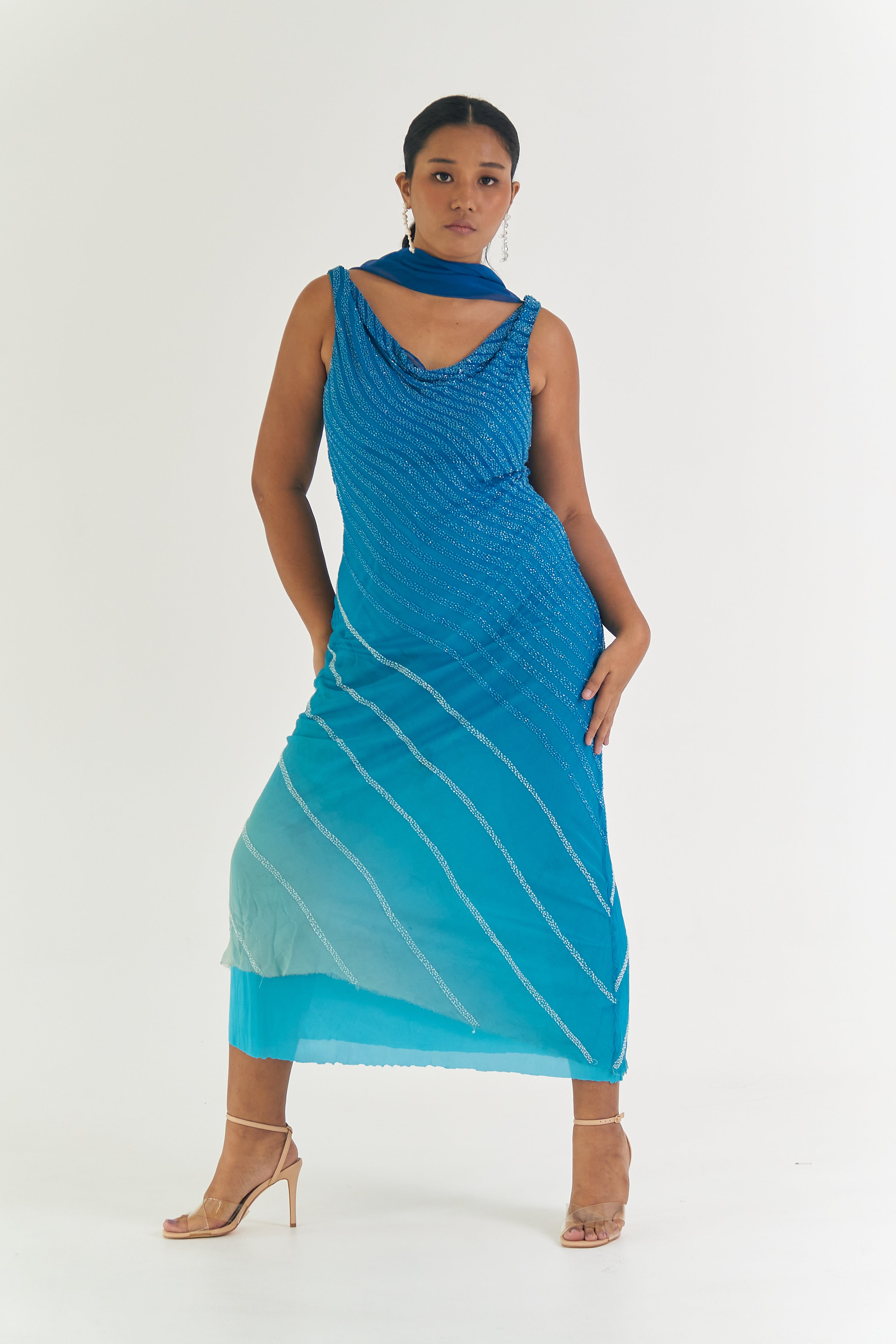 Blue Beaded Cowl Slip Silk Dress