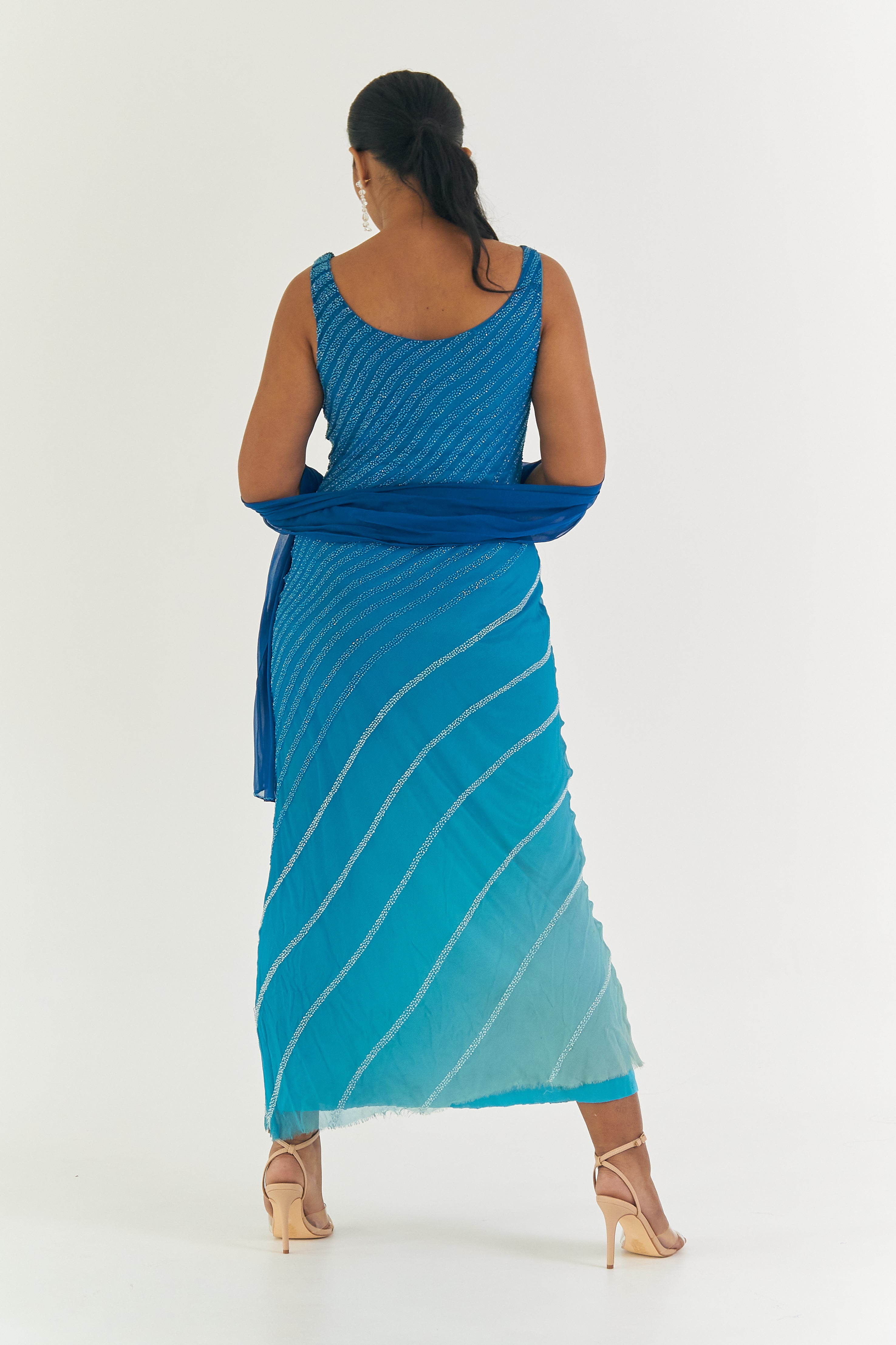 Blue Beaded Cowl Slip Silk Dress