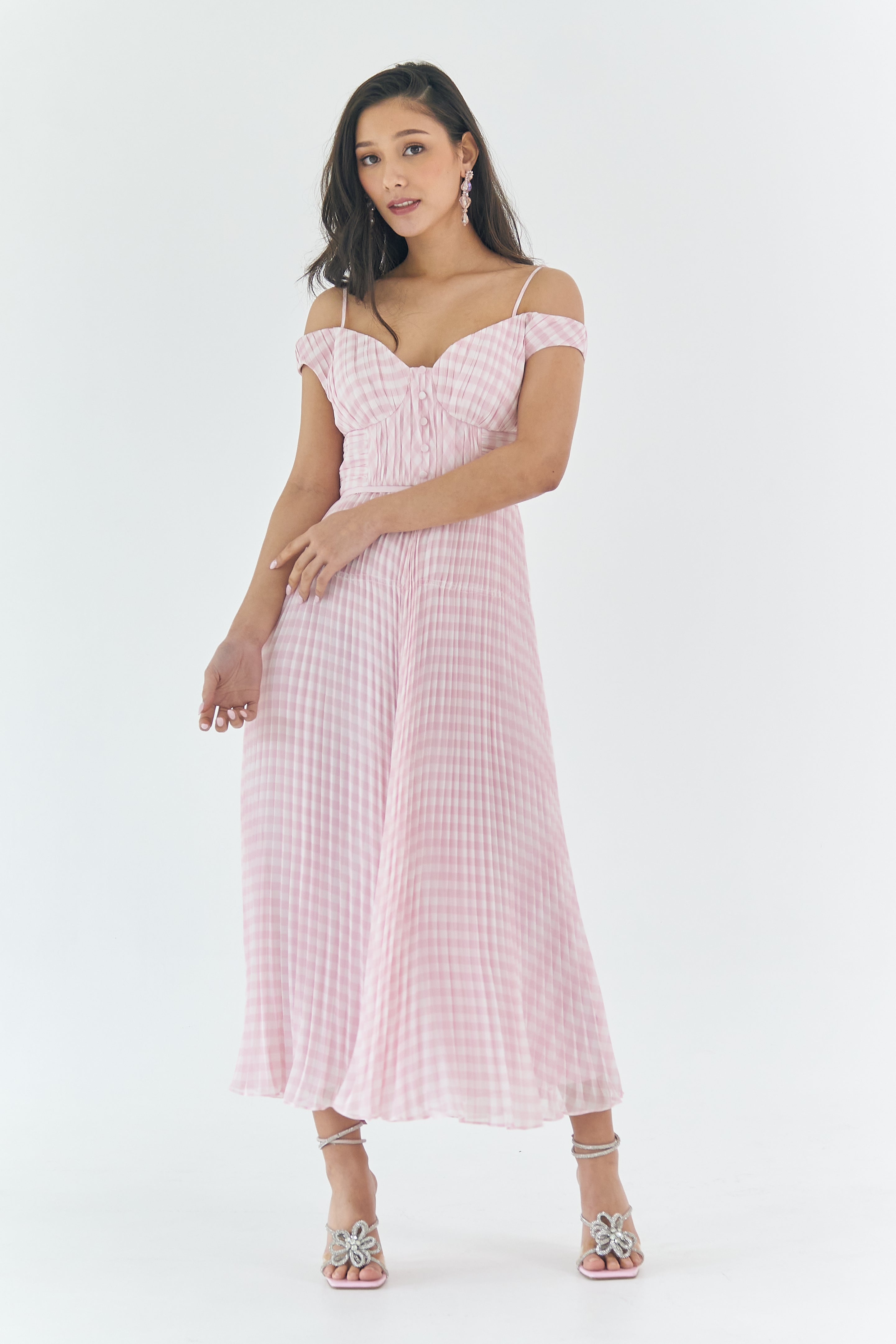 Pink Gingham Off Shoulder Pleated Dress