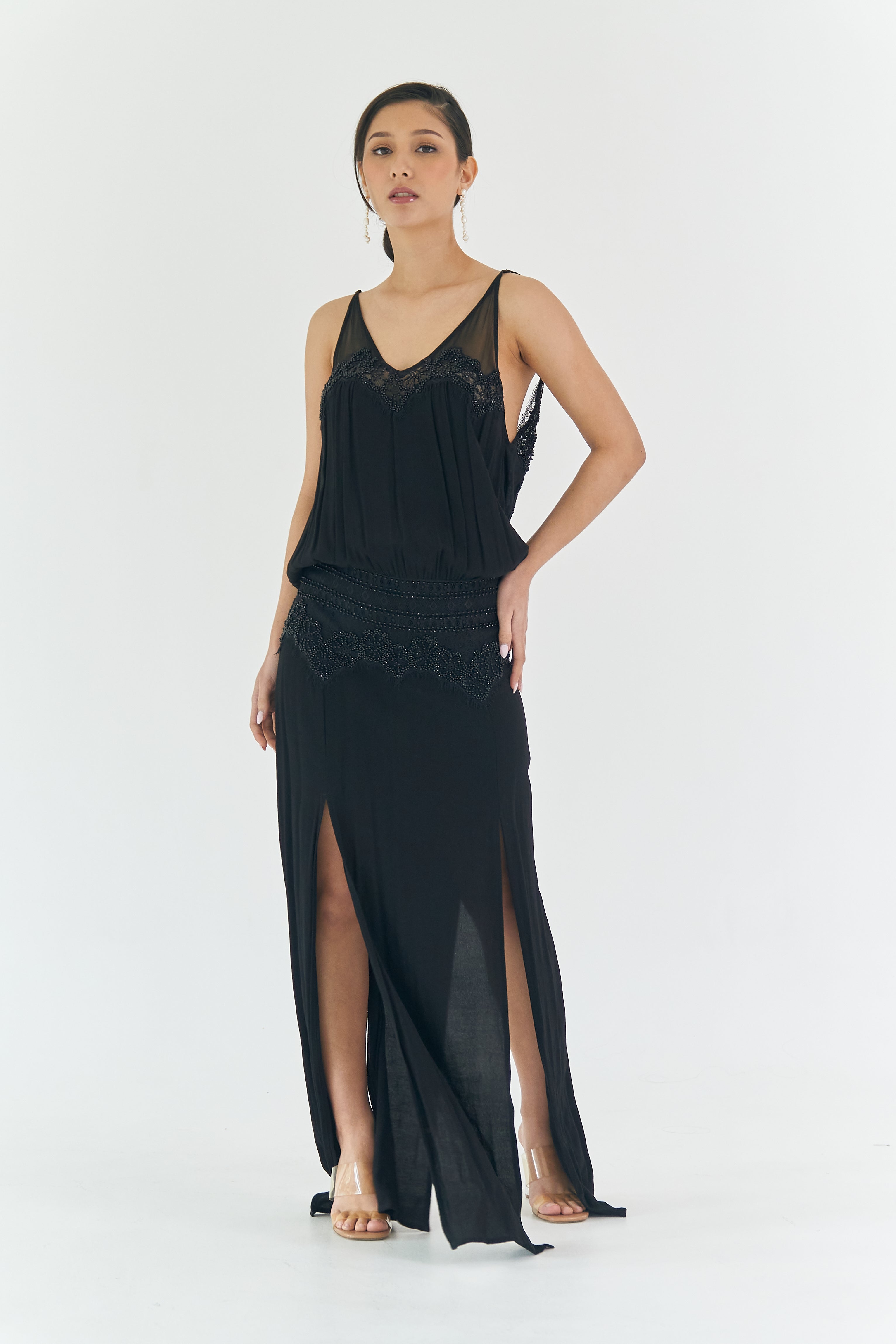 Drop Waist Black Beaded Slip Dress