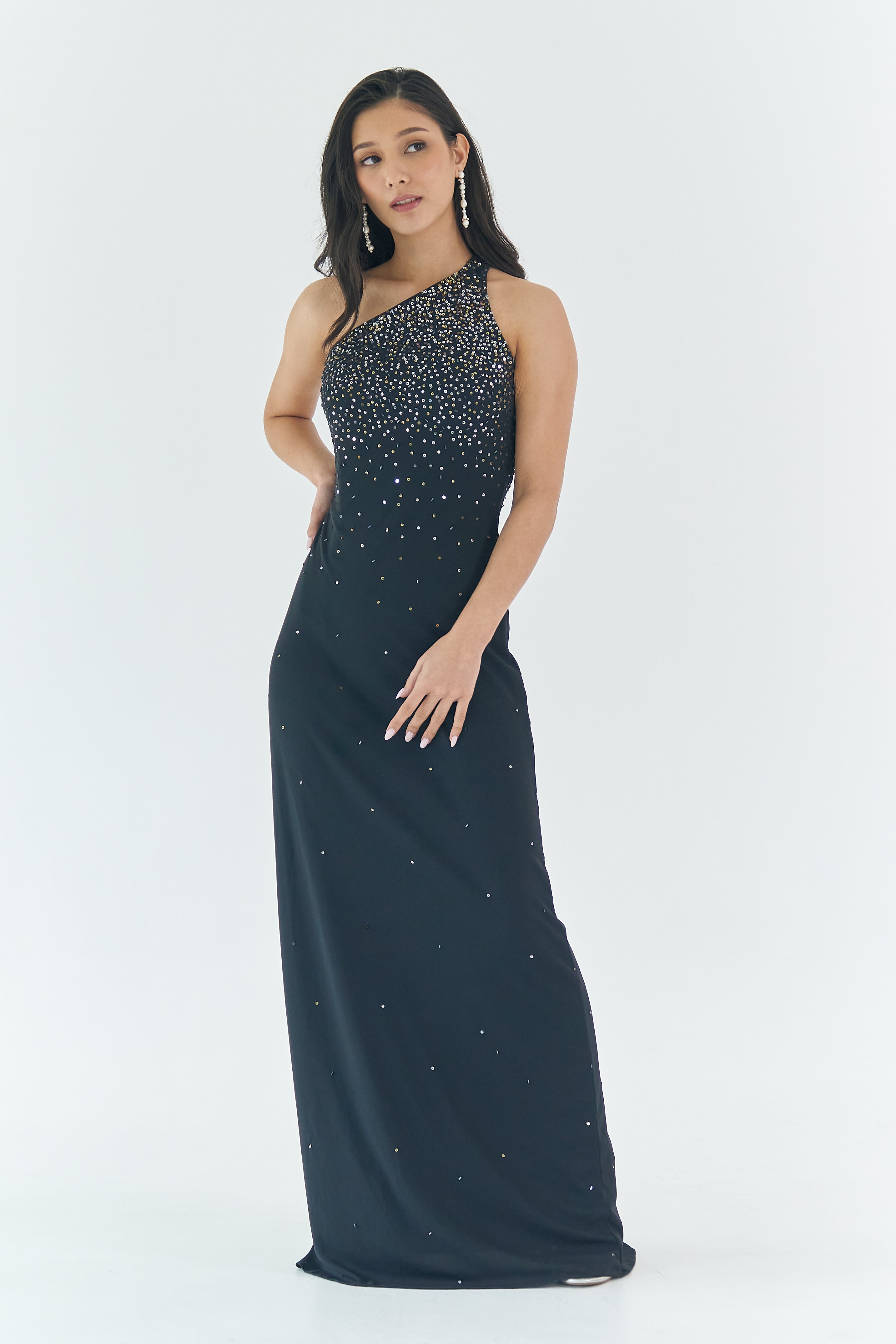 One Shoulder Midnight Blue Beaded Gown