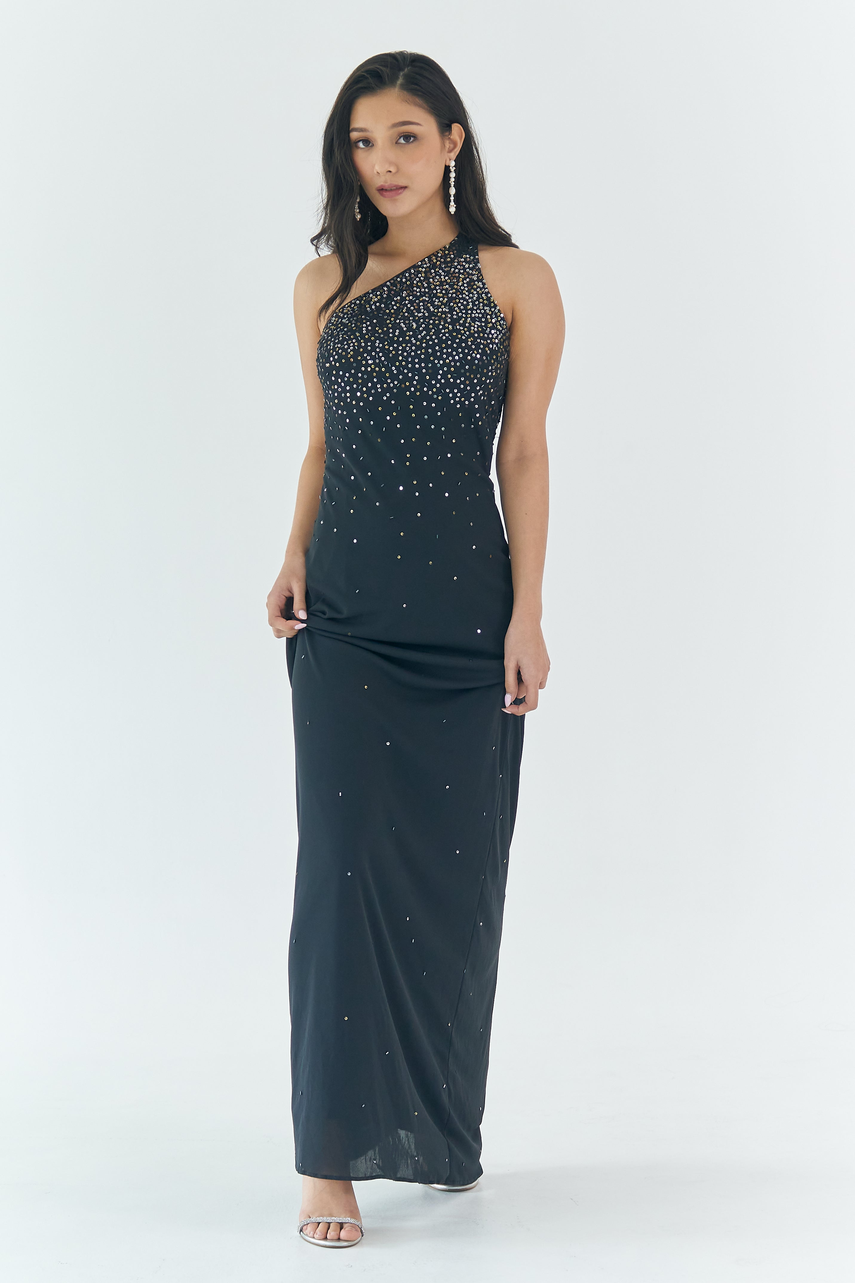 One Shoulder Midnight Blue Beaded Gown