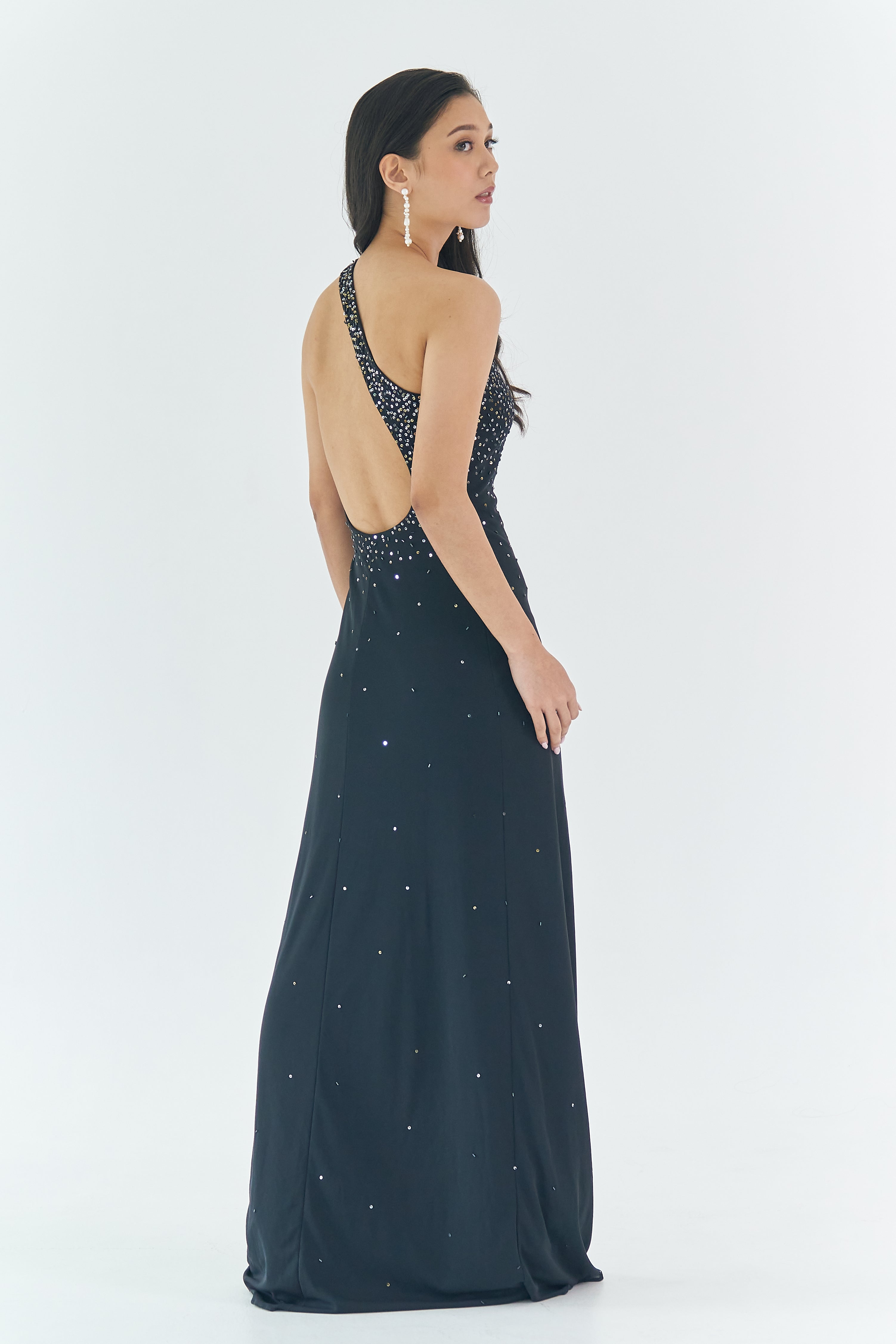 One Shoulder Midnight Blue Beaded Gown