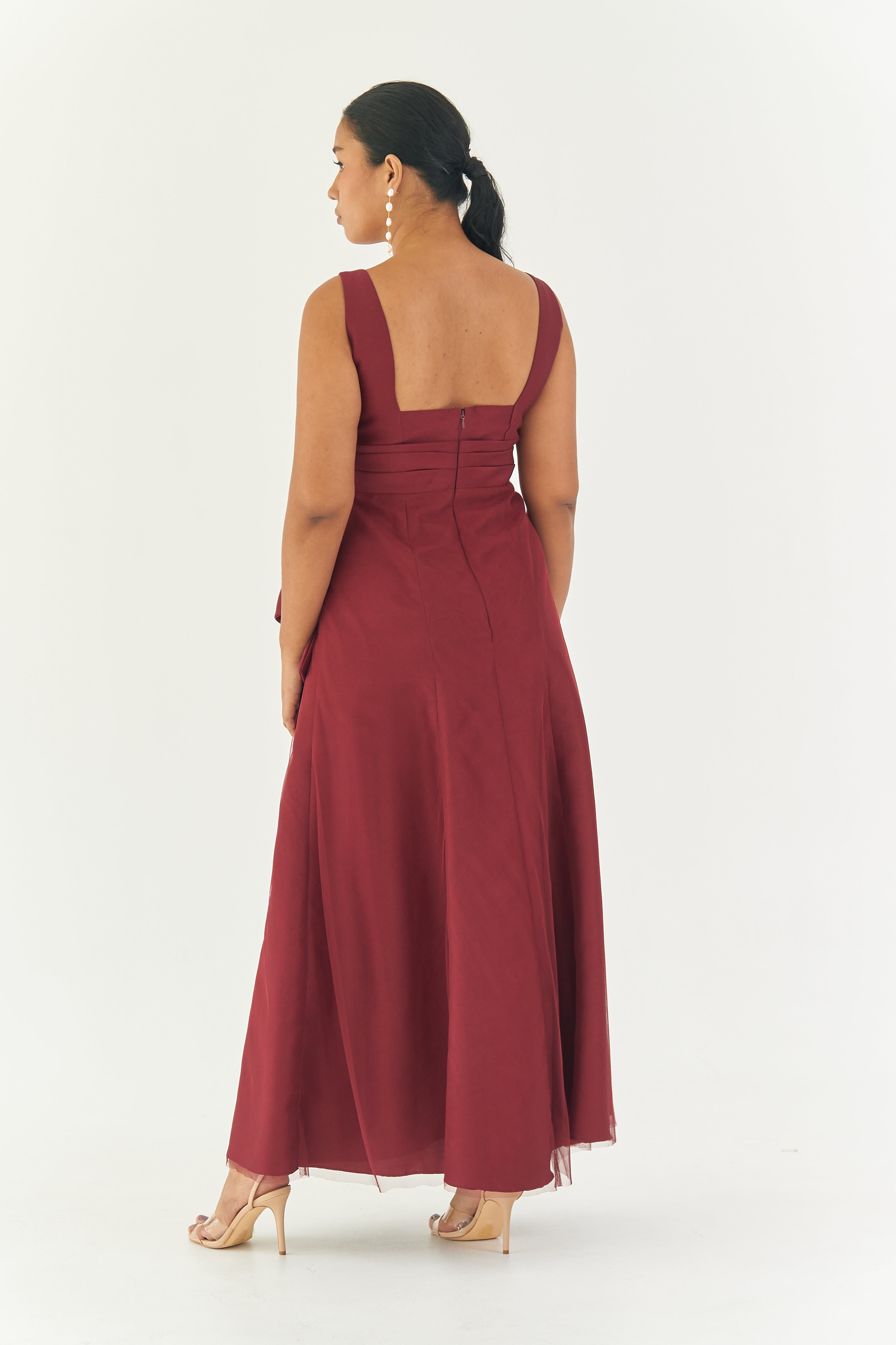 Maroon Gazar with Tulle Overlay Sleeveless Gown