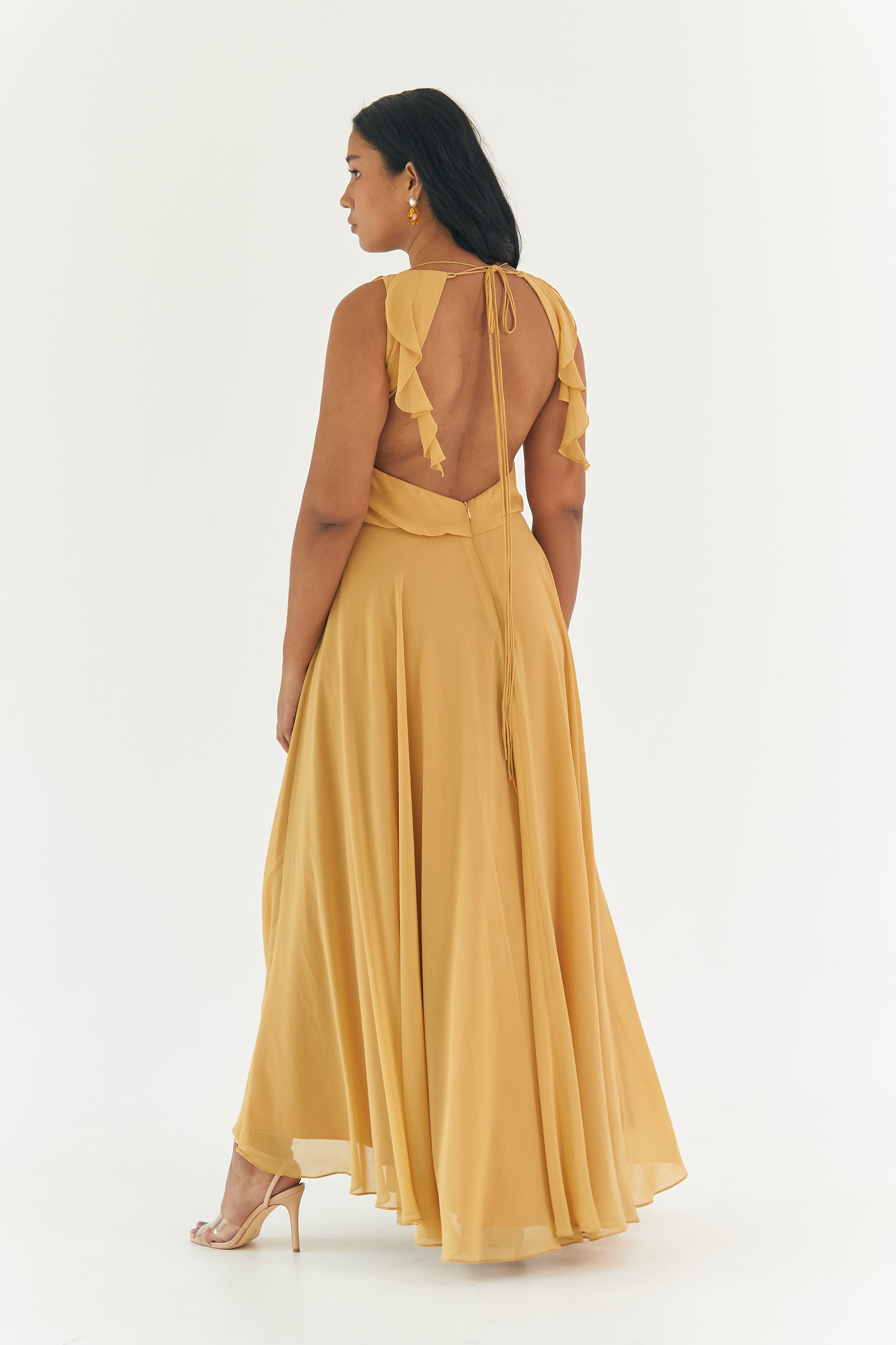Ruffled Open Back Gown