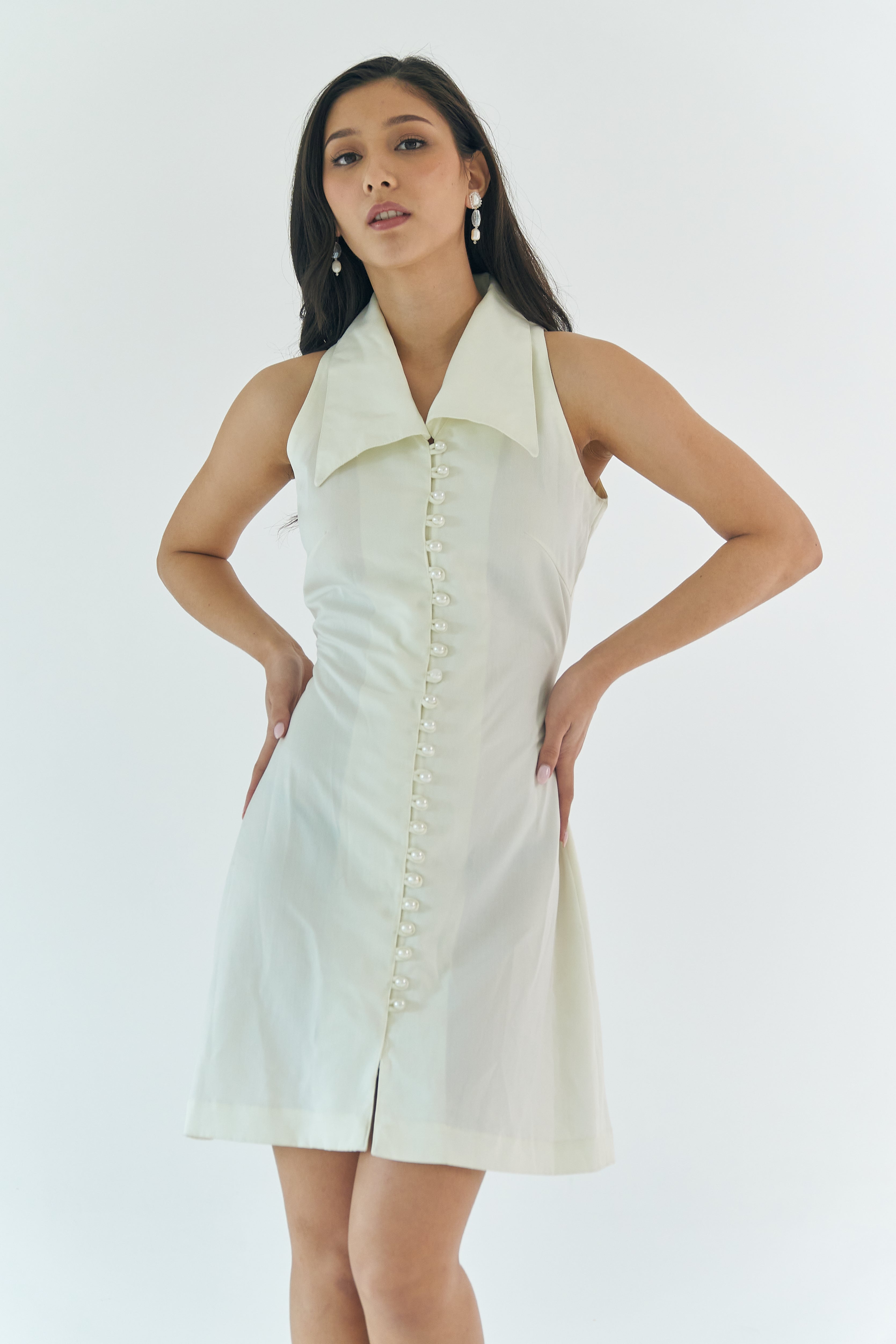 Lapel Collar Pearl White Dress