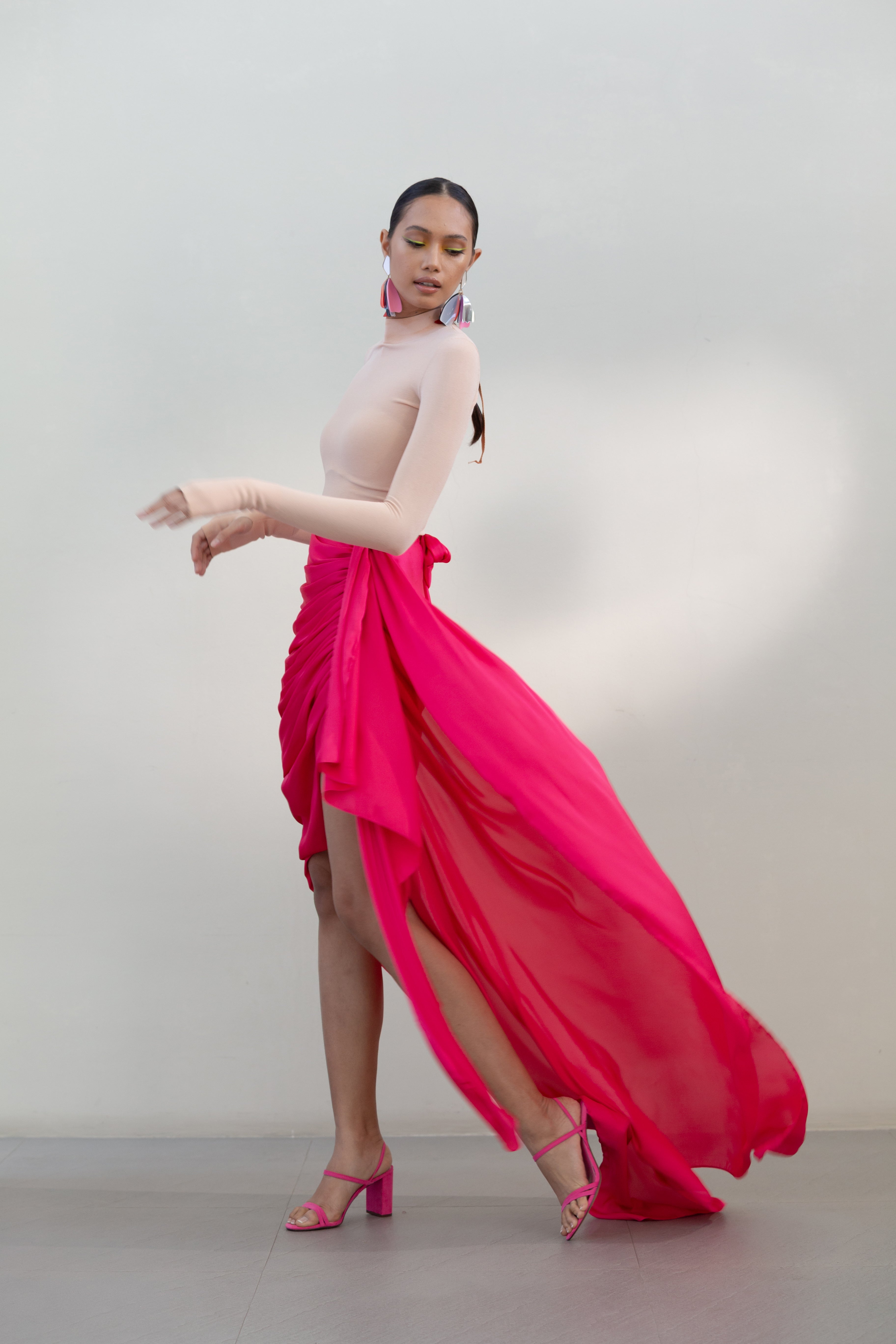 Ruched Hot Pink Silk Skirt