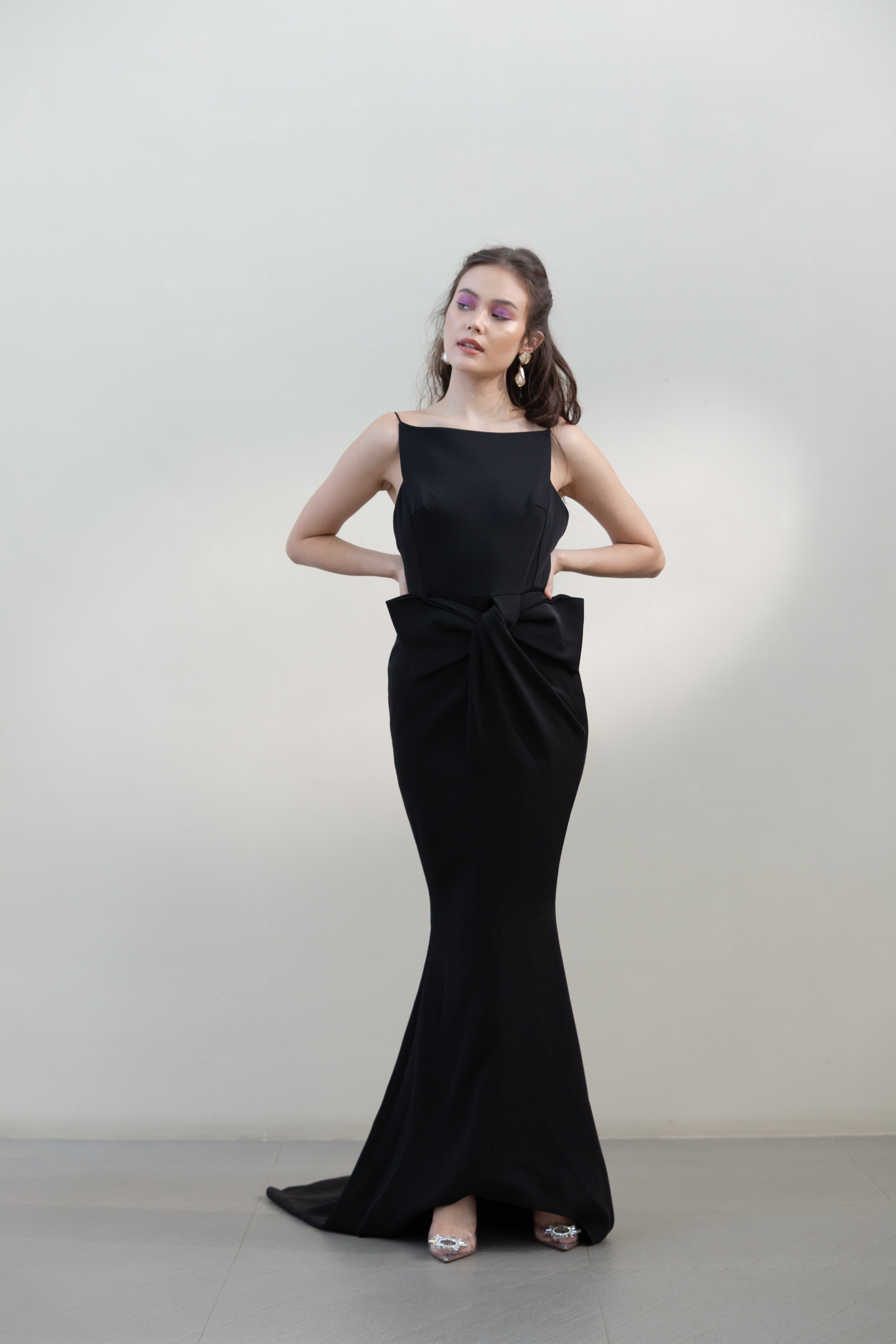 Sabrina Neckline Gown with Bow Detail
