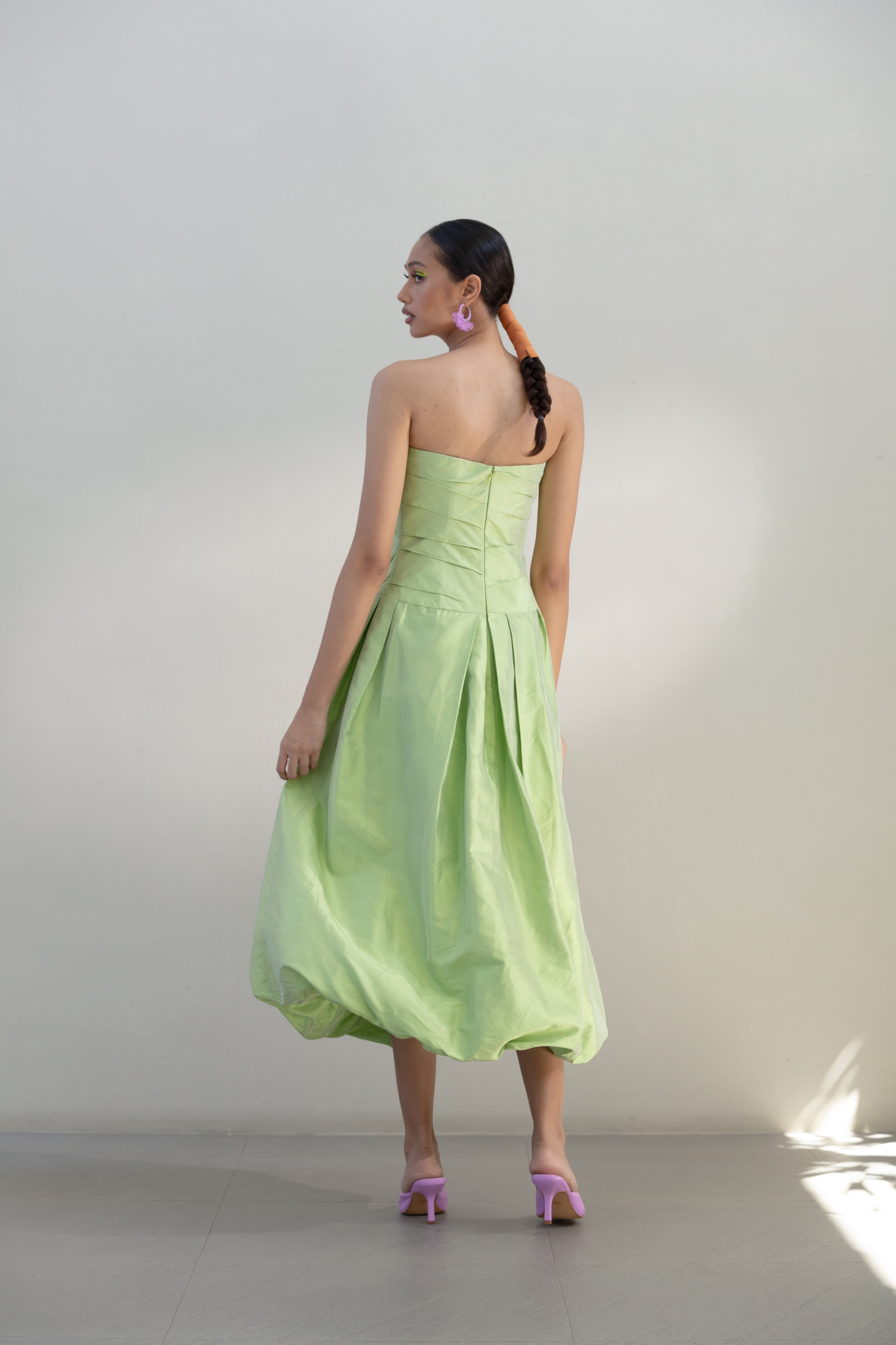 Taffeta Drape Tube Midi Dress