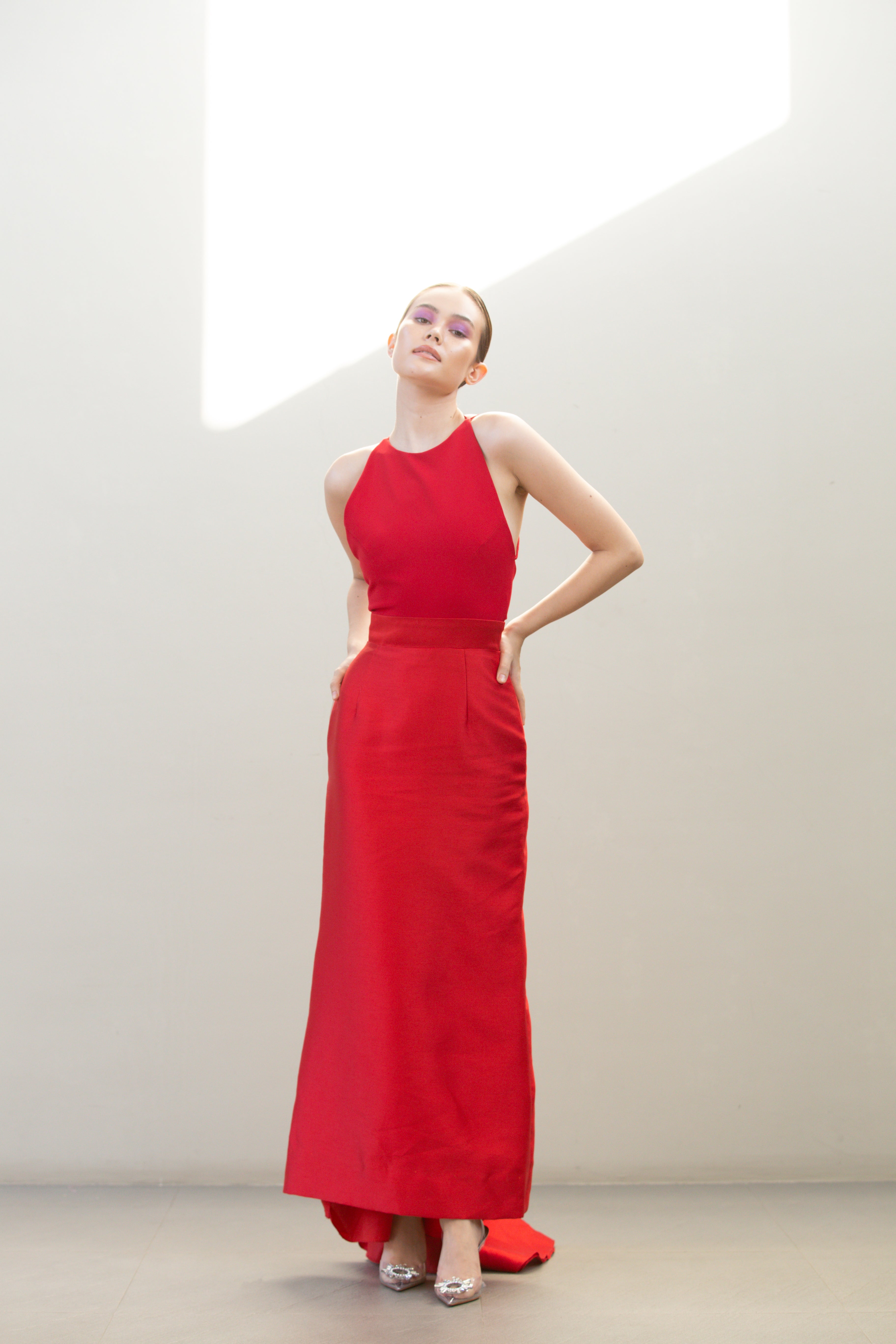 Red Halter Gown with Train