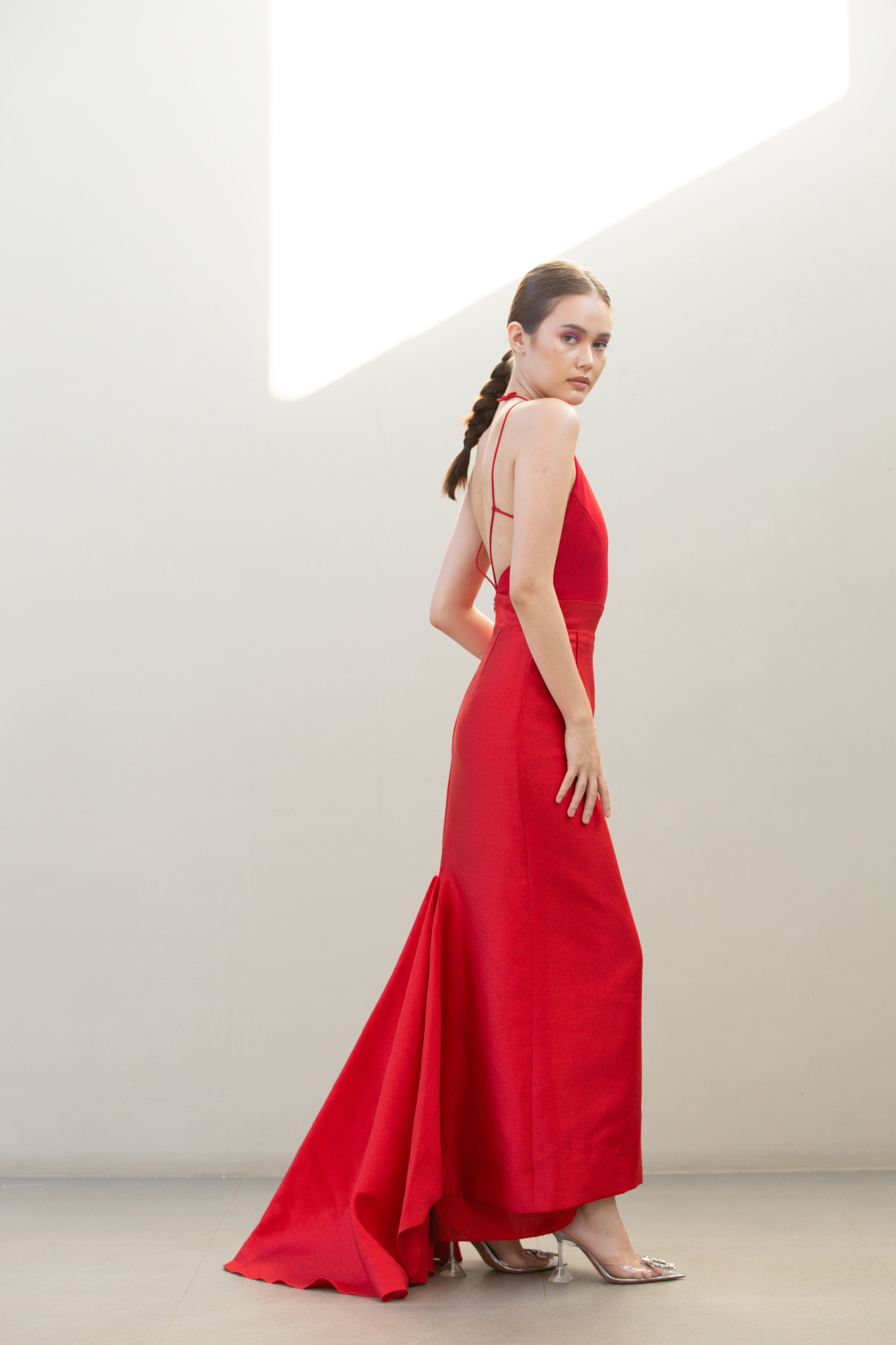 Red Halter Gown with Train