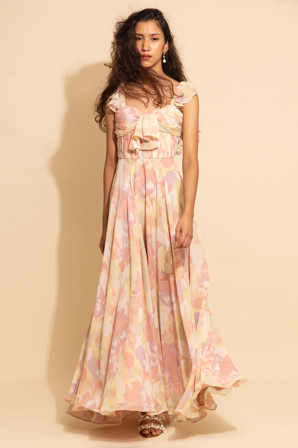 Floral Chiffon Flutter Sleeve Gown